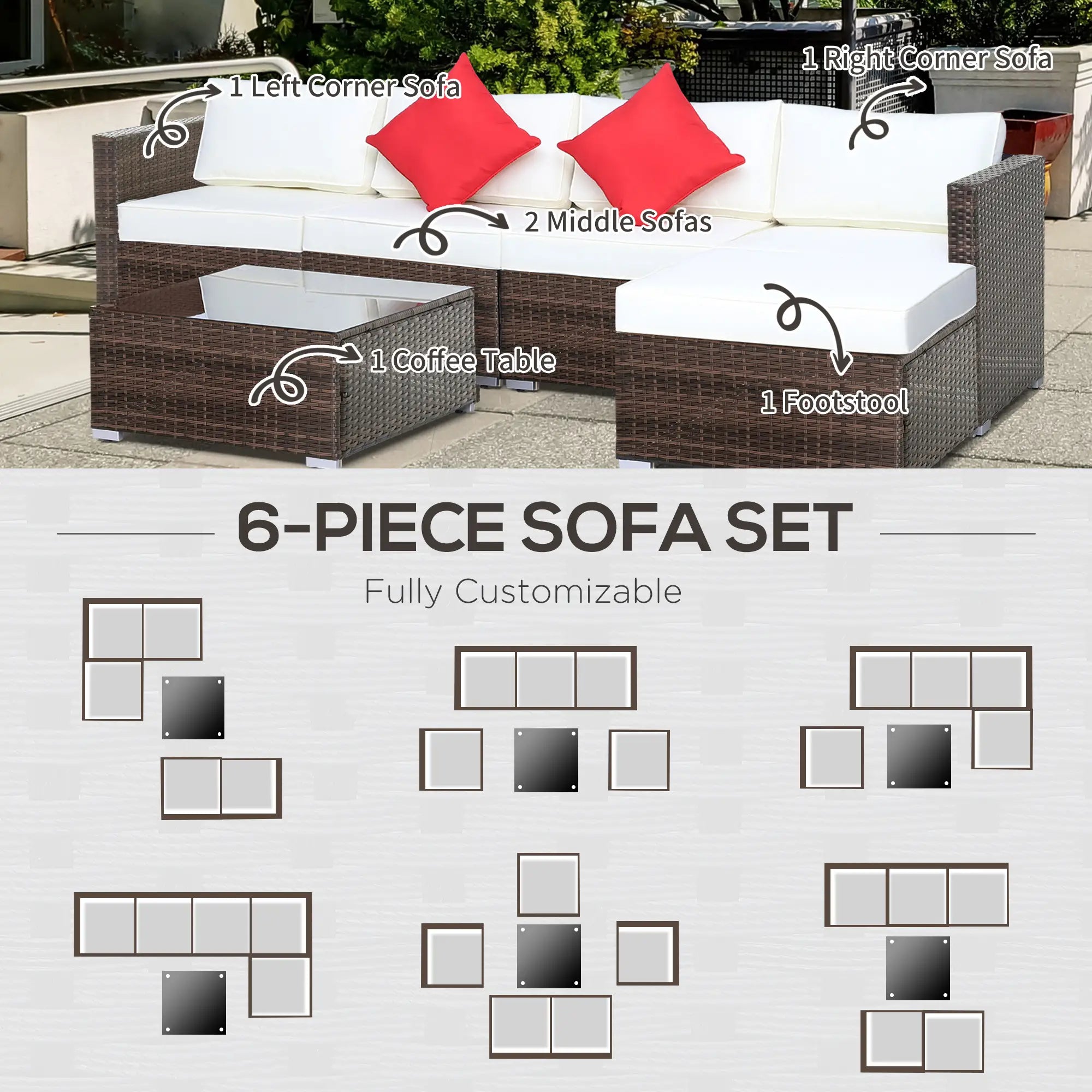 6 Pieces Rattan Garden Furniture Set, 5 Seater Sectional Garden Corner Sofa Set with Glass Top Coffee Table, Cushions and Pillows, All-Weather Wicker Conversation Furniture, Cream White