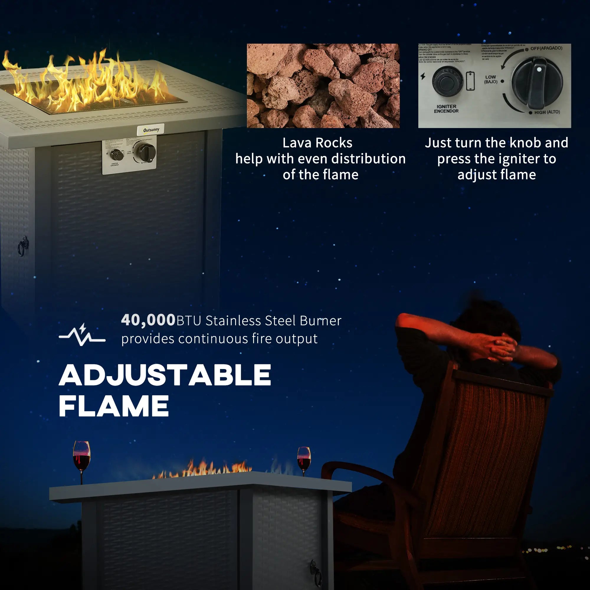 71 x 71cm 40000 BTU Gas Firepit Table - Black/Dark Grey