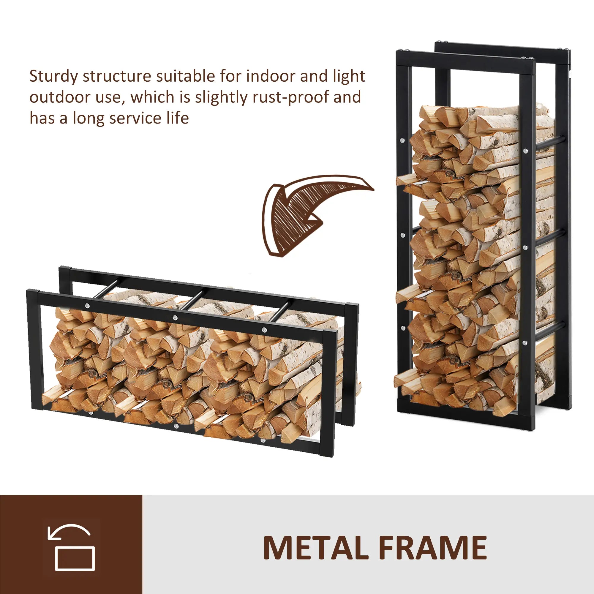 Metal Firewood Log Holder Tall Firewood Rack Indoor Outdoor Fireplace Wood Storage Shelf with Side Rails, Rust-Resistant, Black, 40W x 25D x 100H cm