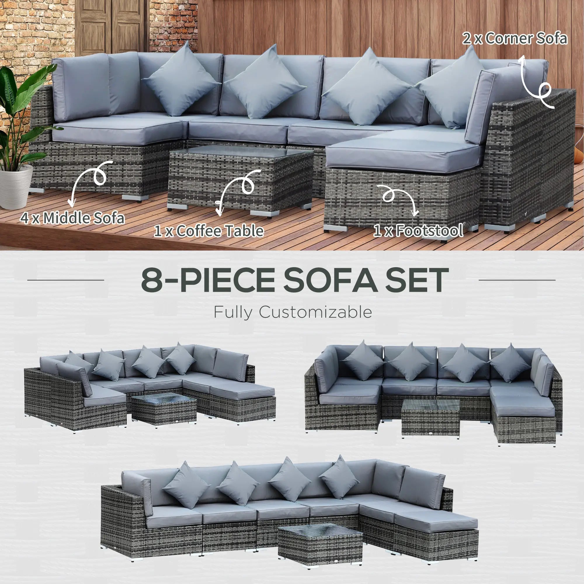 8 Pieces PE Rattan Corner Sofa Set with Thick Cushions, Aluminium Outdoor Rattan Garden Furniture Set with Glass Top Table, No Assembly Required, Grey