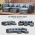 8 Pieces PE Rattan Corner Sofa Set with Thick Cushions, Aluminium Outdoor Rattan Garden Furniture Set with Glass Top Table, No Assembly Required, Grey