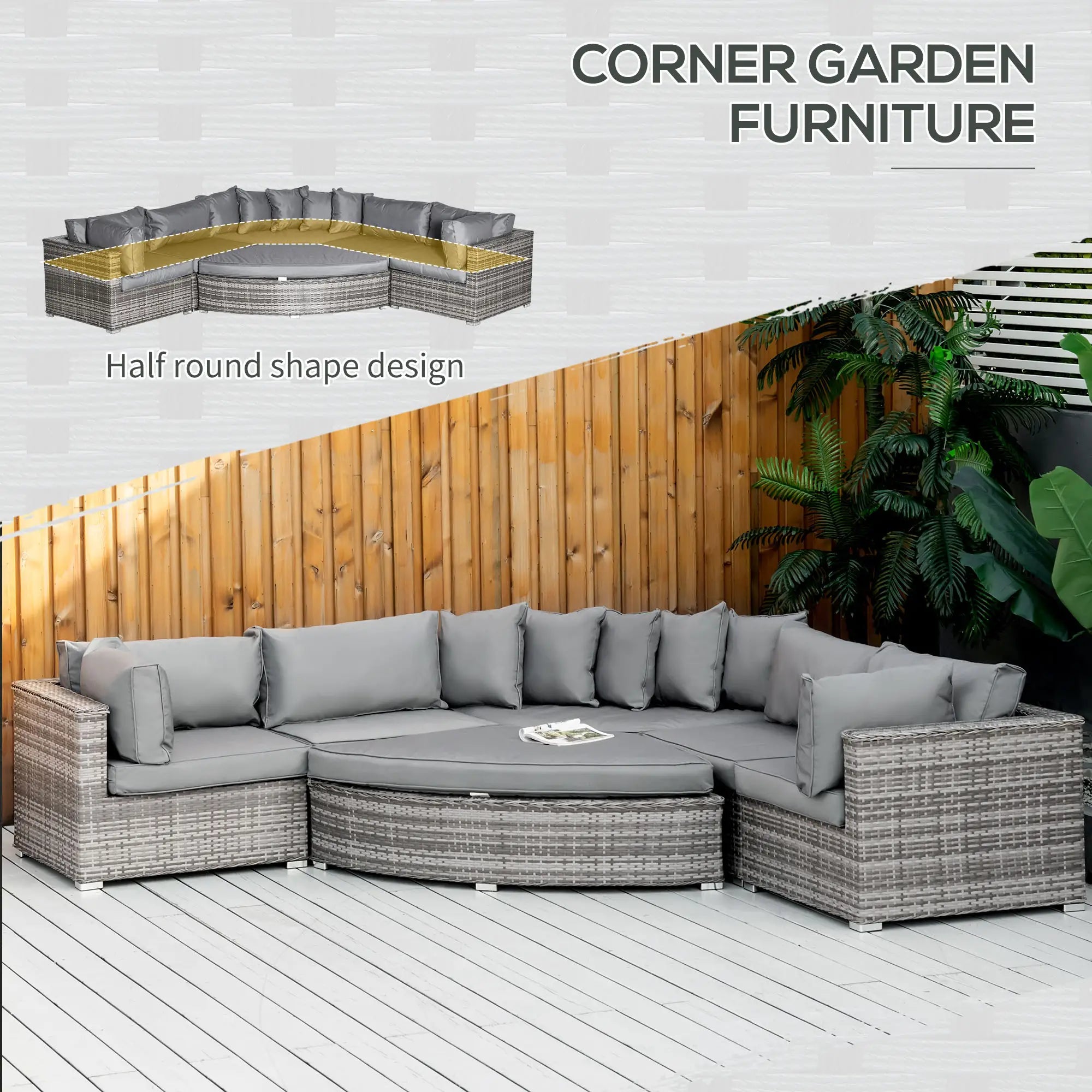 6 Pieces Outdoor PE Rattan Wicker Sofa Set with 10cm Thick Padded Cushionsand Half Round Patio Conversation Furniture Set with Angled Corner Designand Ottomansand and Back Pillows, Grey