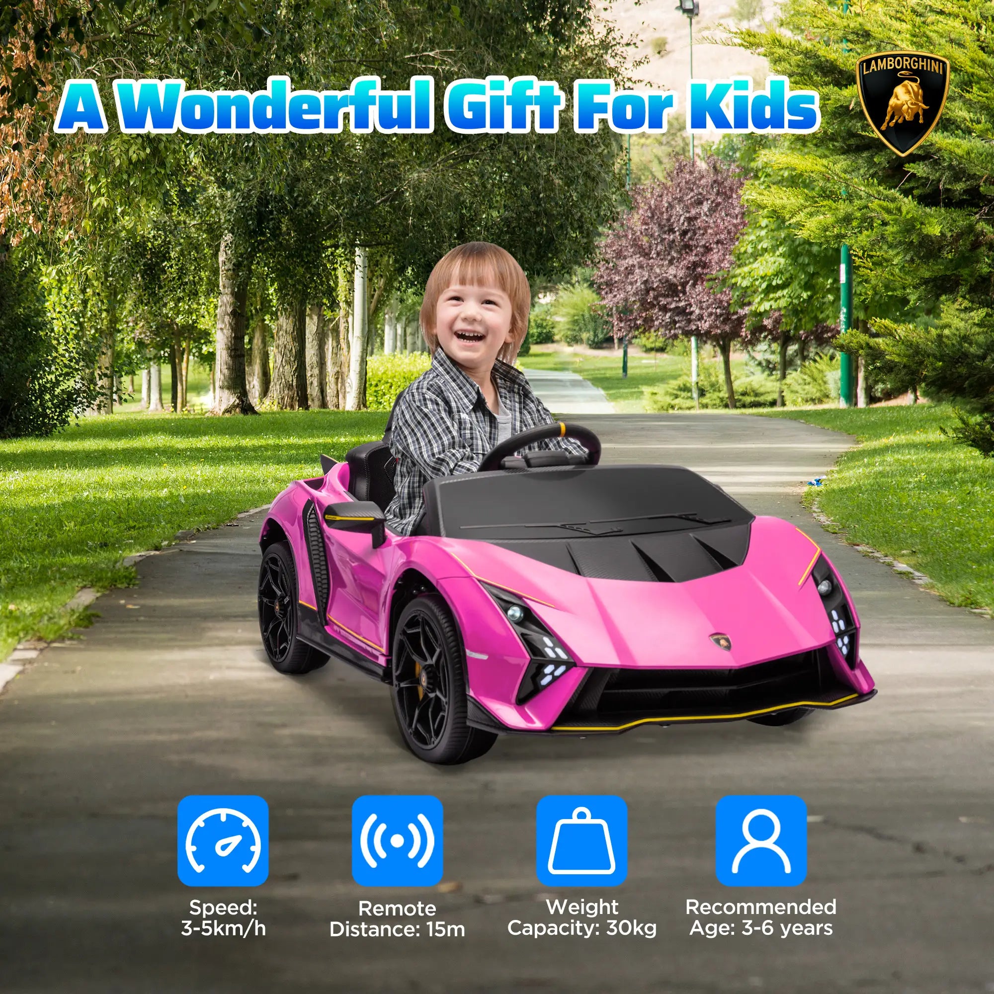 12V Lamborghini Autentica Licensed Kids Electric Car with Remote Control, 4 Suspension Wheels, Soft Start, Pink