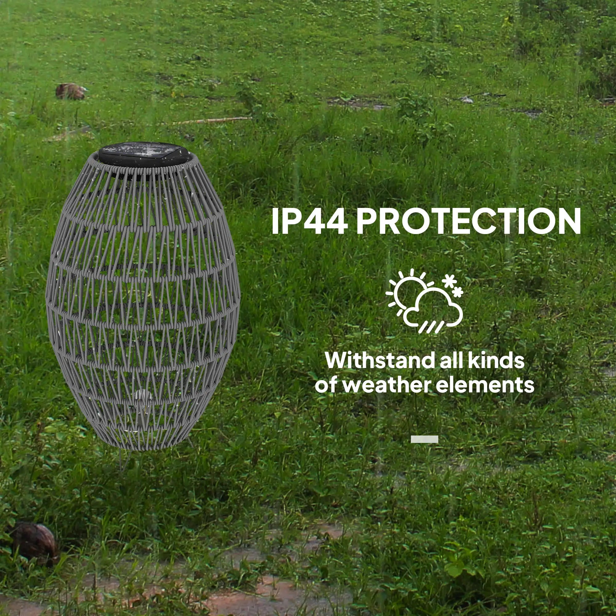 Rattan Solar Lamp, Garden Solar Lantern with Auto On/Off Light, IP44 Waterproof, Decorative Outdoor Rattan Lamp for Porch, Pathway, Grey