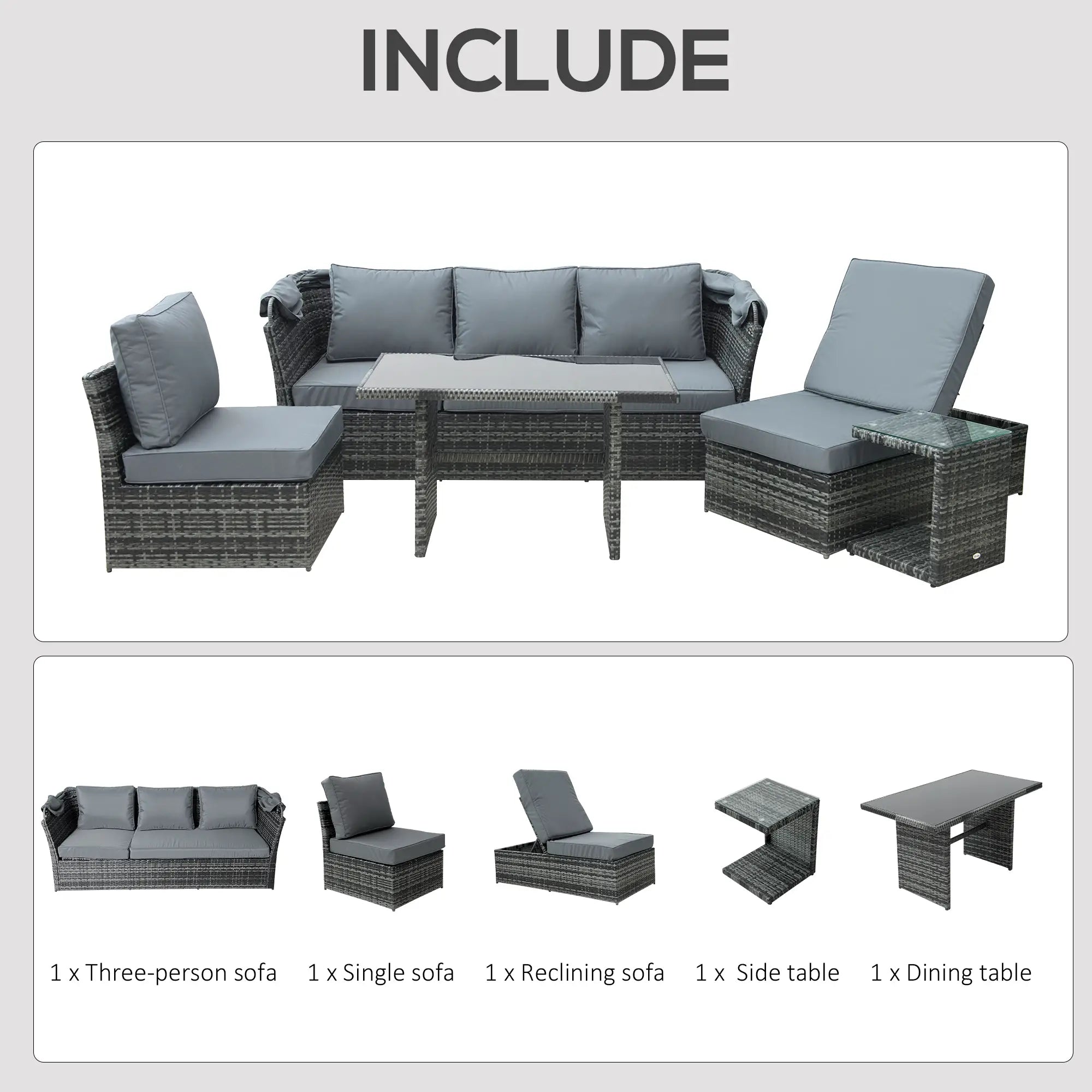 5 PCS Outdoor Rattan Wicker Sofa Sets Reclining Sofa Adjustable Canopy & Side Table Dining Table Set Sectional Conversation Furniture w/ Cushions, Mixed Grey