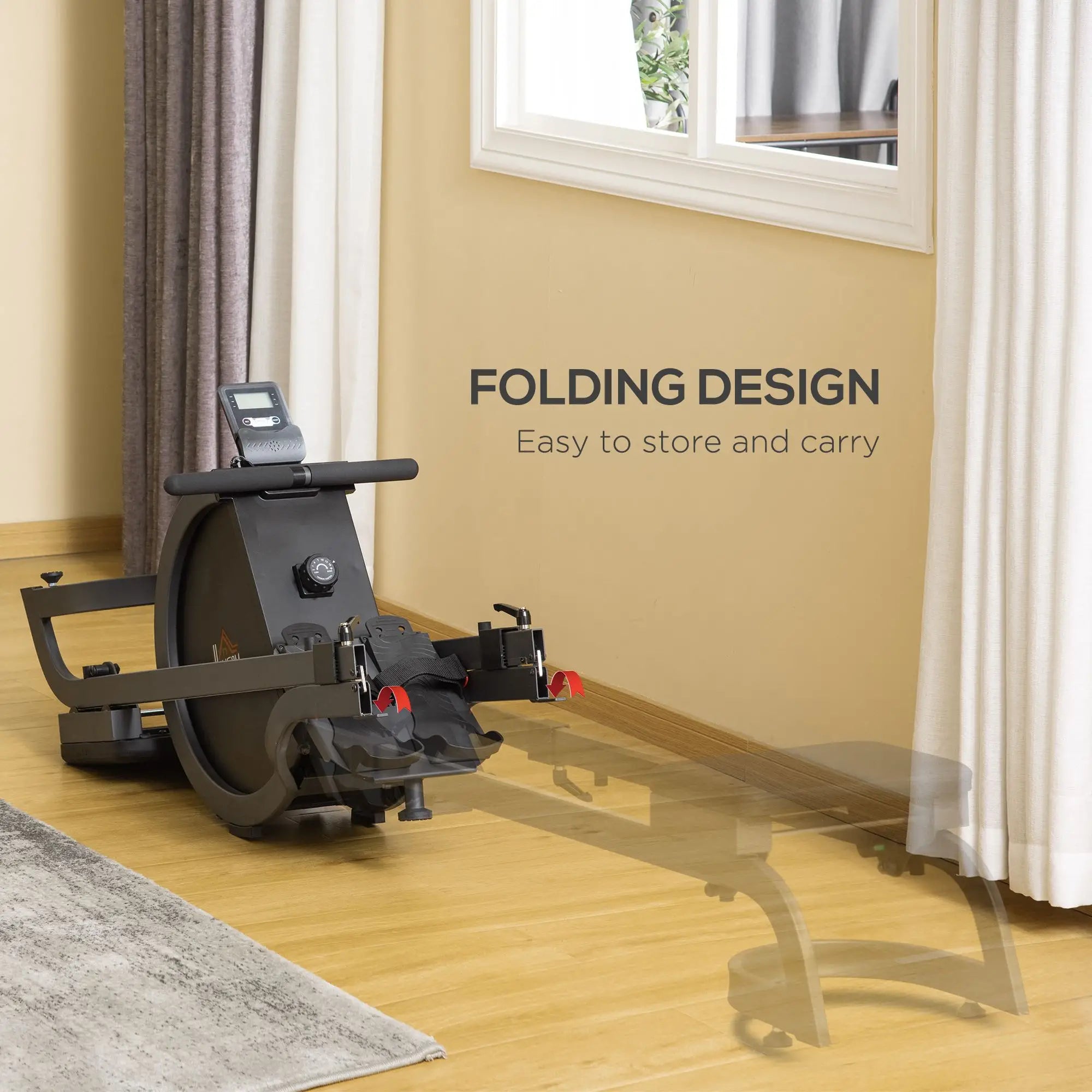 Folding Rowing Machine with 16-Level Adjustable Magnetic Resistance, Aluminium Side Rail, Digital Monitor, Cardio Workout Rower, for Home, Gym, Office