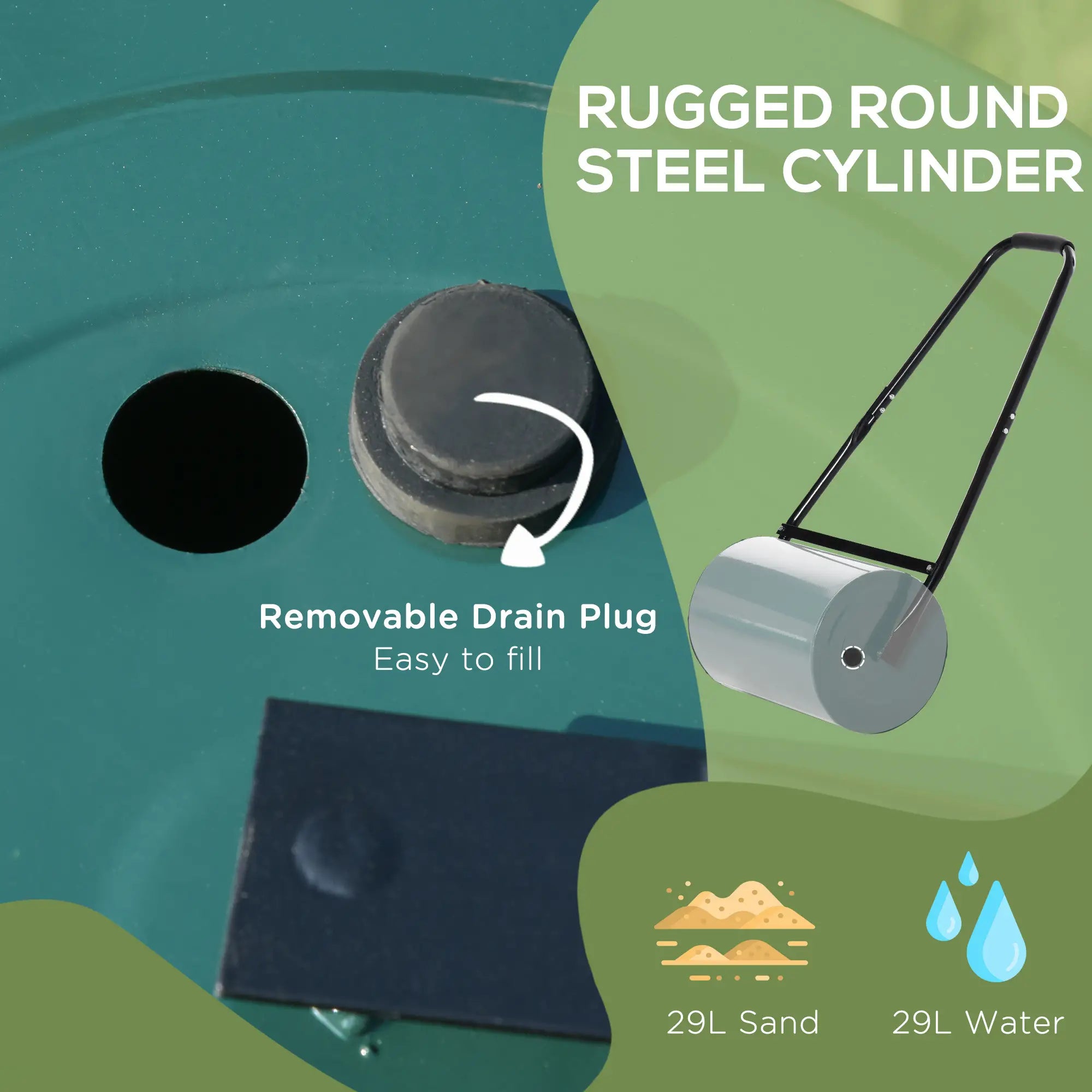 30 L Heavy Duty Water Or Sand Filled Φ30cm Garden Steel Lawn Roller Drum - Dark Green