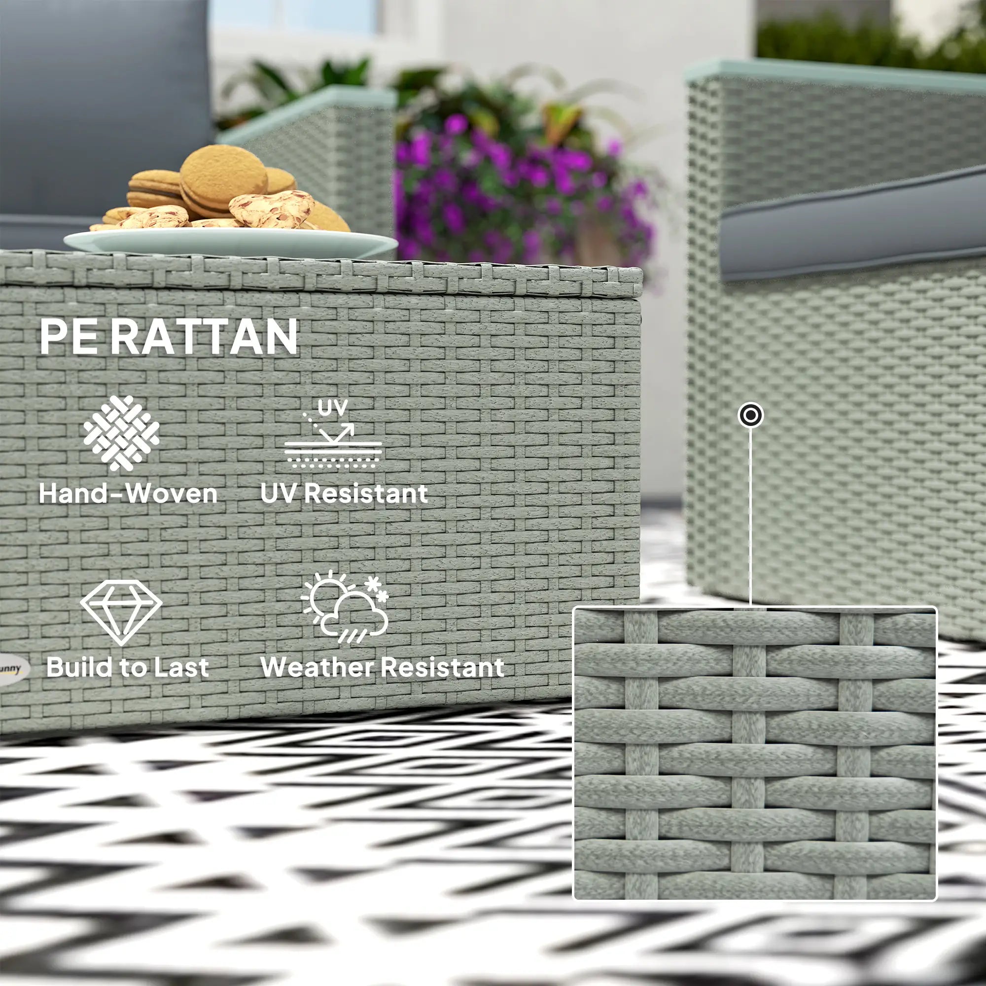4 Piece Rattan Garden Furniture Set, 4 Seater Wicker Outdoor Sofa Set with 2 Armchairs, Loveseat, Acacia Wood Top Coffee Table, Cushions, Patio Conservatory Set for Balcony, Light Grey