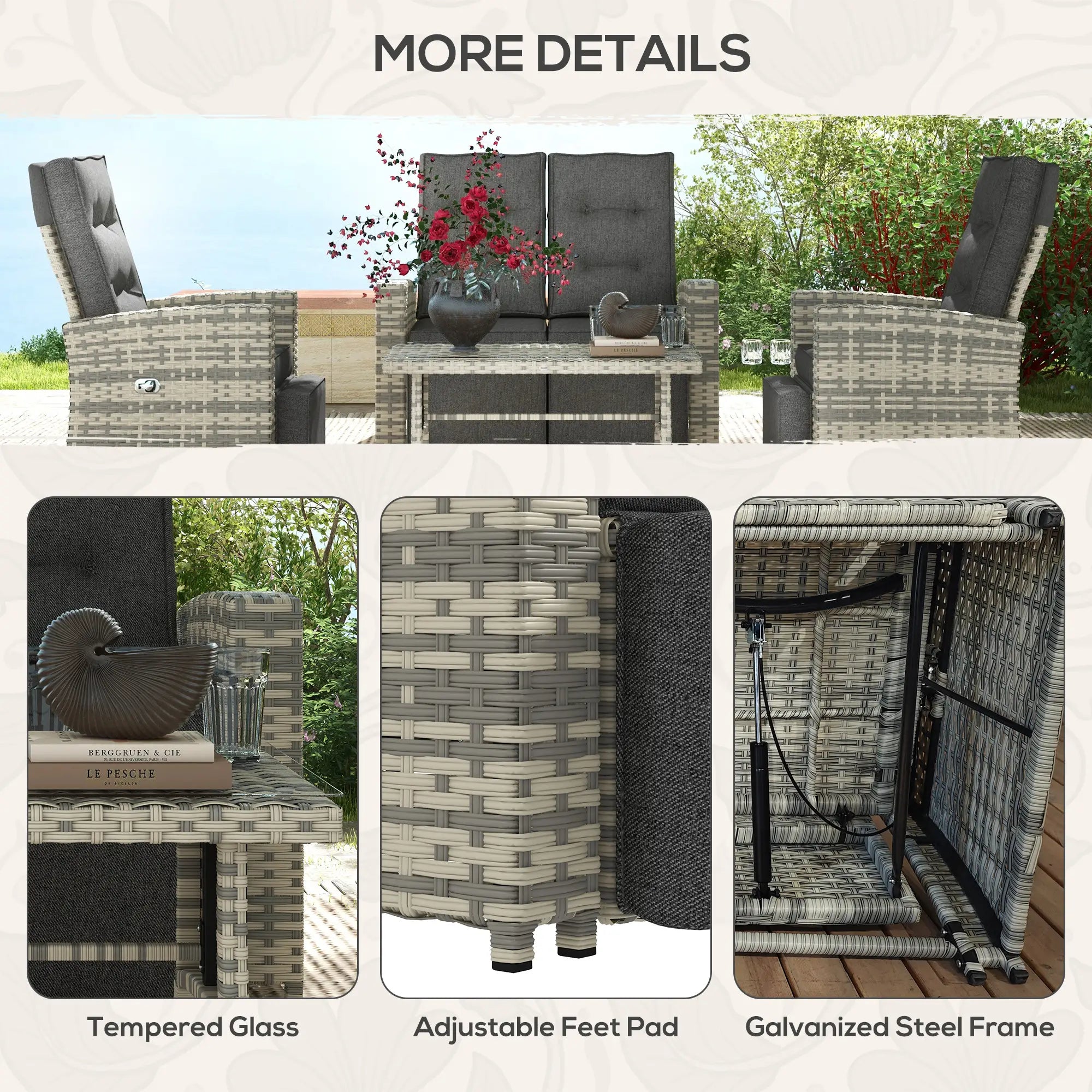 4 Piece Rattan Garden Furniture Set Outdoor Sofa Sectional Set with Glass Top Table for Poolside, Light Grey