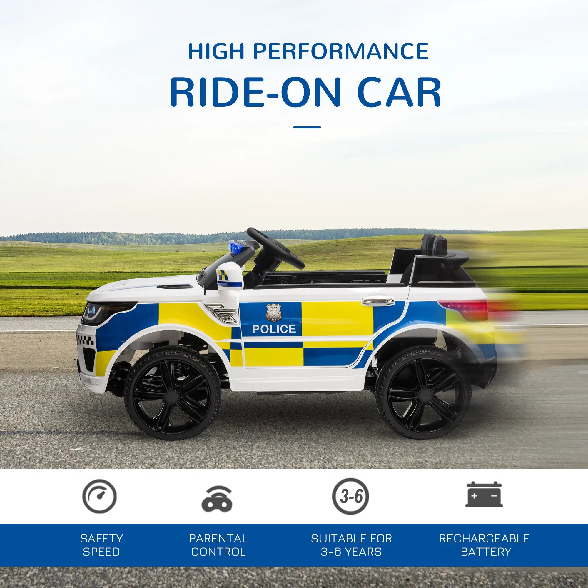 12V Kids Electric Ride On Police Car 2 Motors with Parental Remote Control Siren Flashing Lights USB Portable for 3-6 Years White