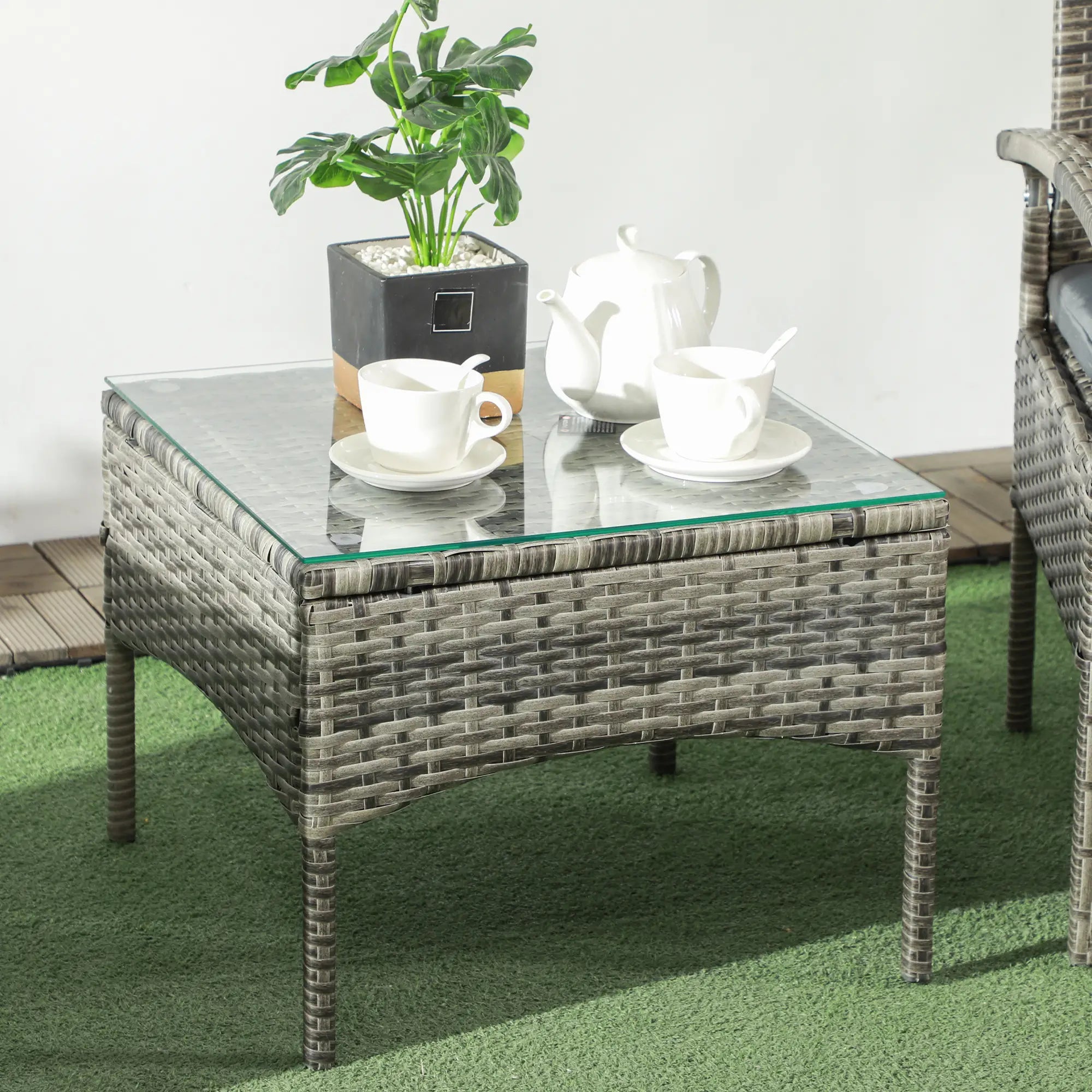 3 Pieces Rattan Bistro Set, Wicker Garden Furniture Set with Glass Top Coffee Table and Chairs, Washable Cushions for Outdoor, Patio, Balcony, Mixed Grey
