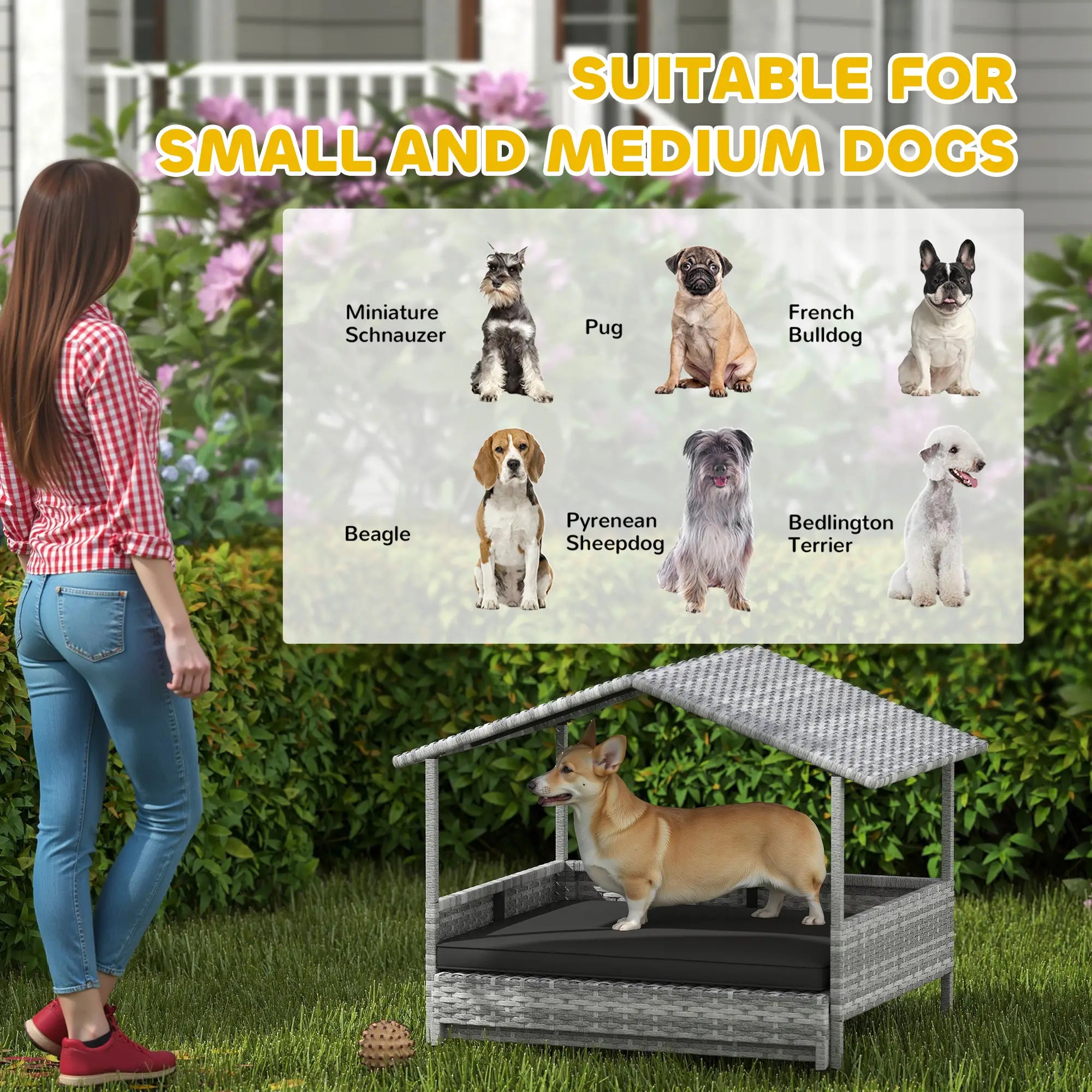 Extendable Elevated Dog Bed, Rattan Dog House, with Water-Resistant Roof, Removable Cushion, Charcoal Grey