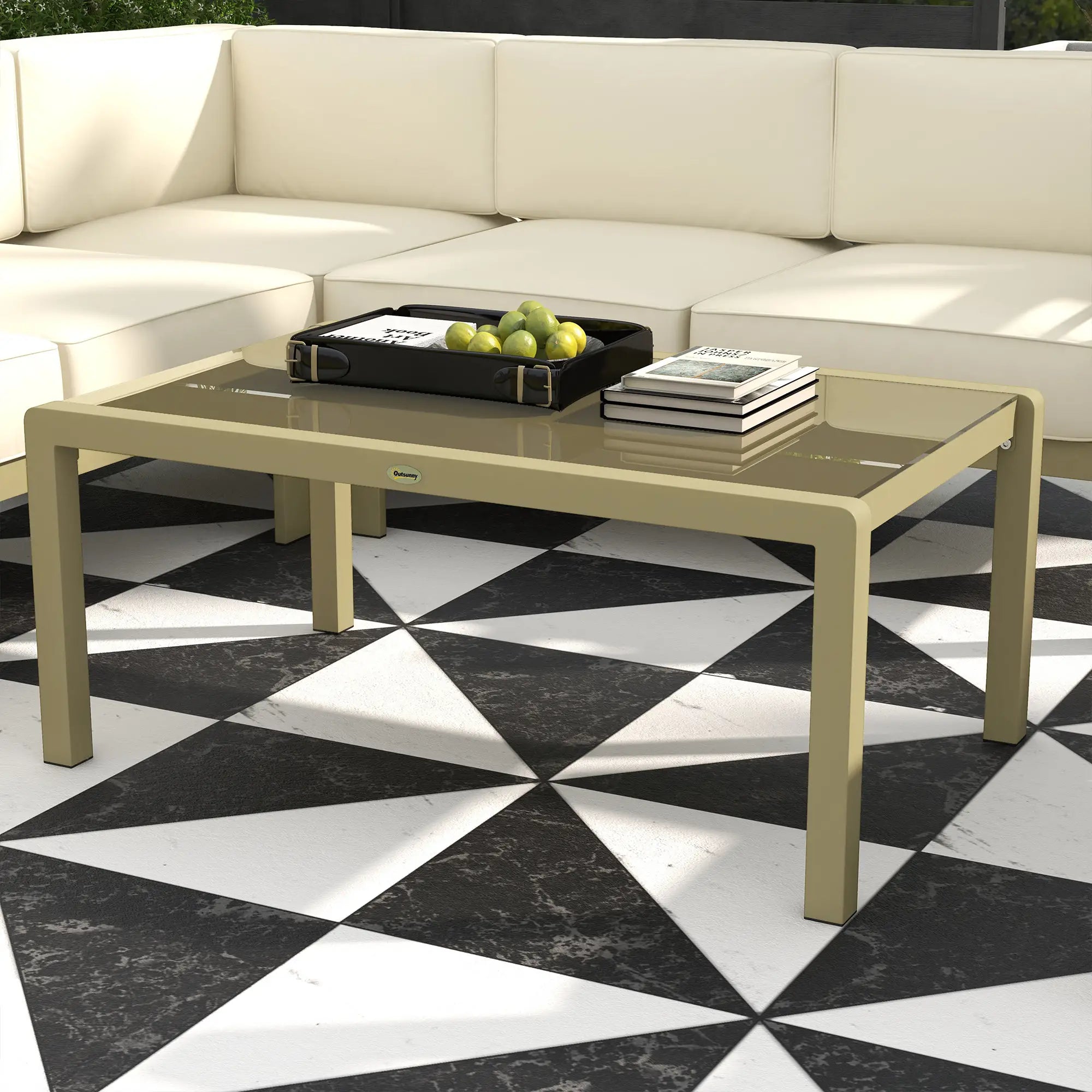 5-Piece Garden Corner Sofa Set with Cushions, 6 Seater Aluminium Garden Furniture Set with Glass Top Coffee Table, Patio Sectional Conservatory Furniture for Patio & Terrace, Gold Tone