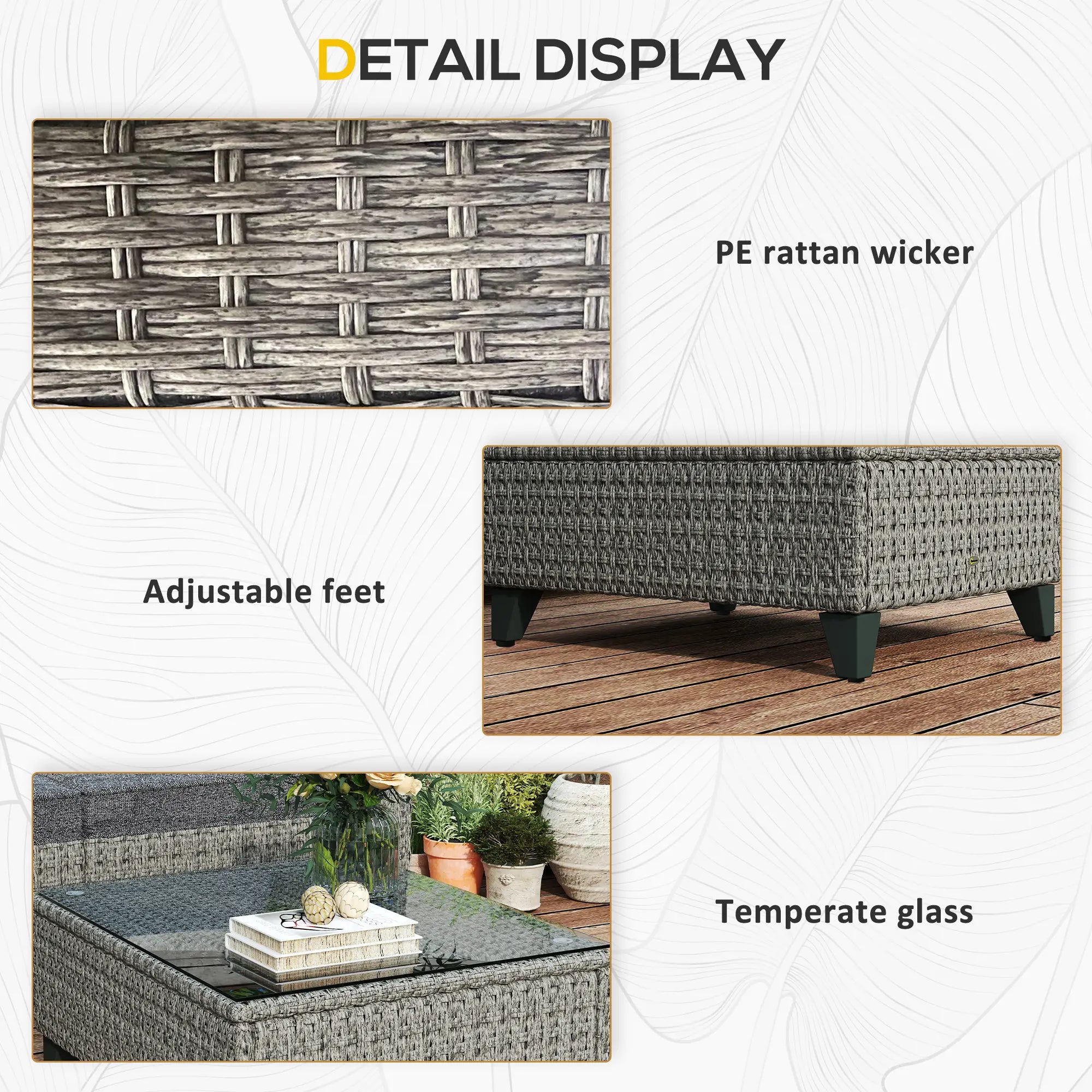 5-Piece Rattan Patio Furniture Set with Corner Sofa, Footstools, Coffee Table, for Poolside, Dark Grey