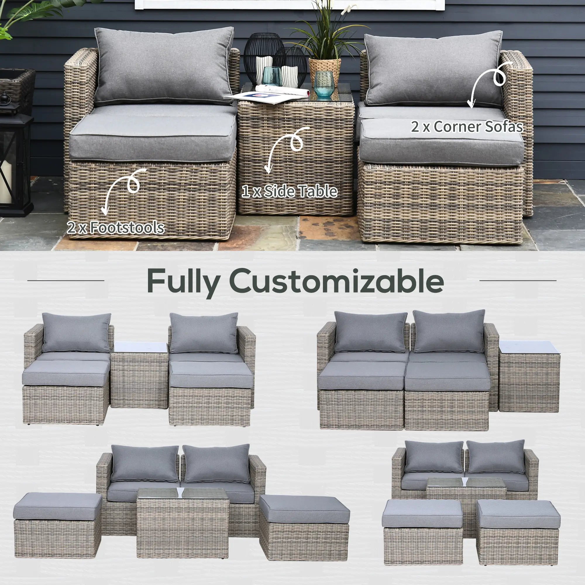 5 Piece Rattan Garden Furniture Set w/ 10cm Thick Cushions, Aluminium Frame Wicker Outdoor Balcony Sofa Set with Corner Armchairs, Ottomans, and Glass Top Table, Mixed Brown