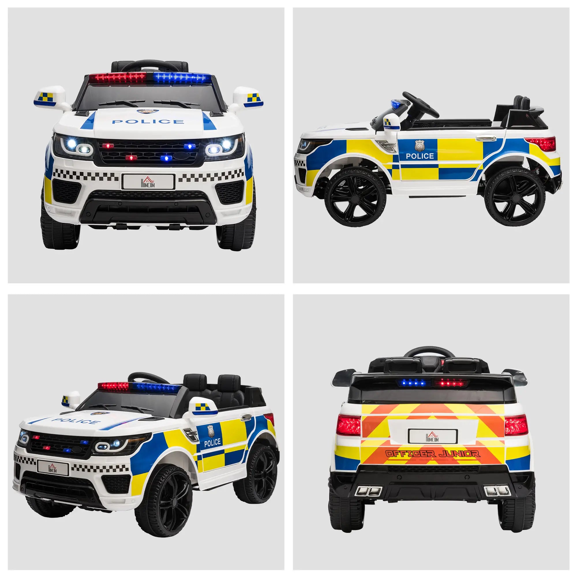 12V Kids Electric Ride On Police Car 2 Motors with Parental Remote Control Siren Flashing Lights USB Portable for 3-6 Years White