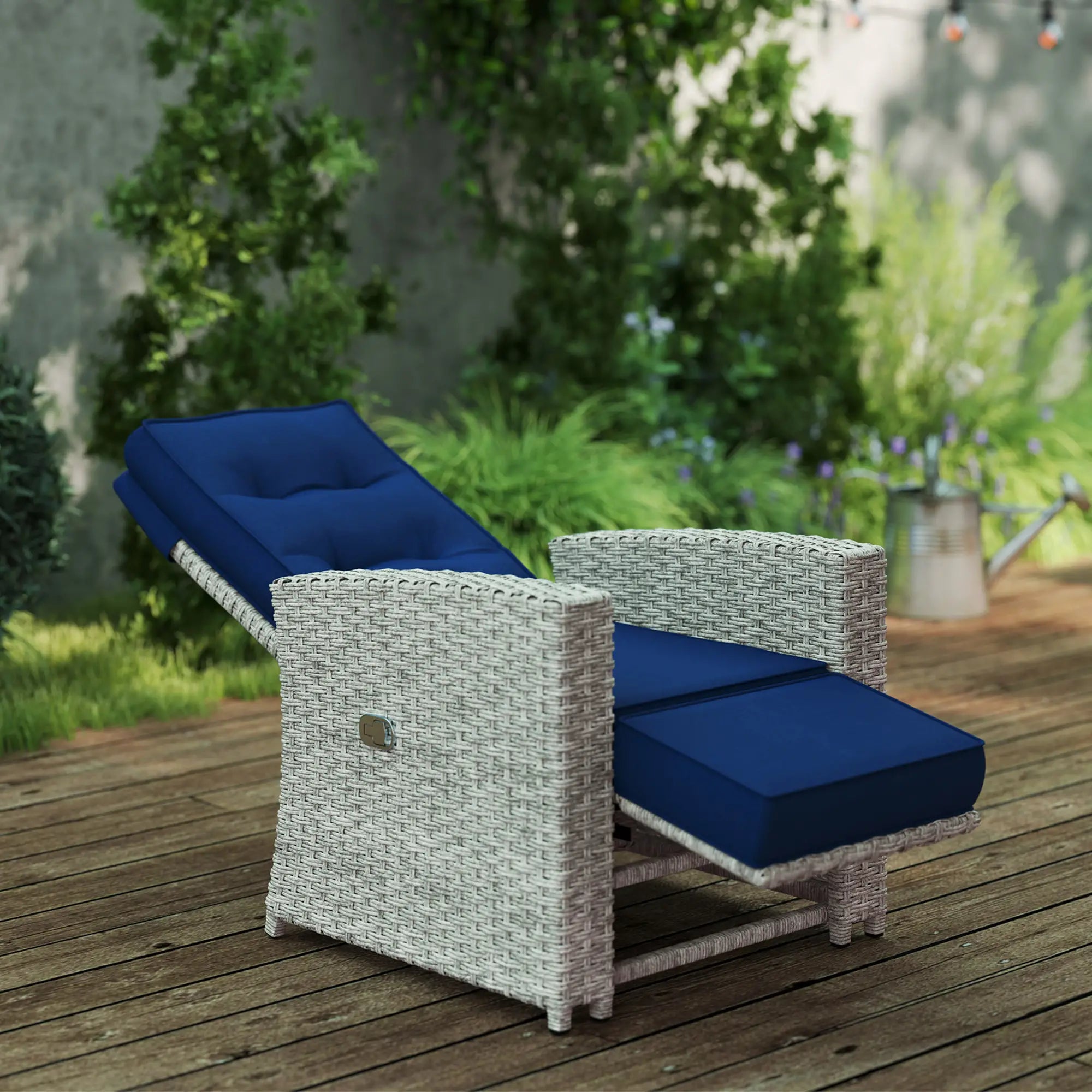 4 Piece Rattan Garden Furniture Set Outdoor Sofa Sectional Set with Glass Top Table for Poolside, Navy Blue