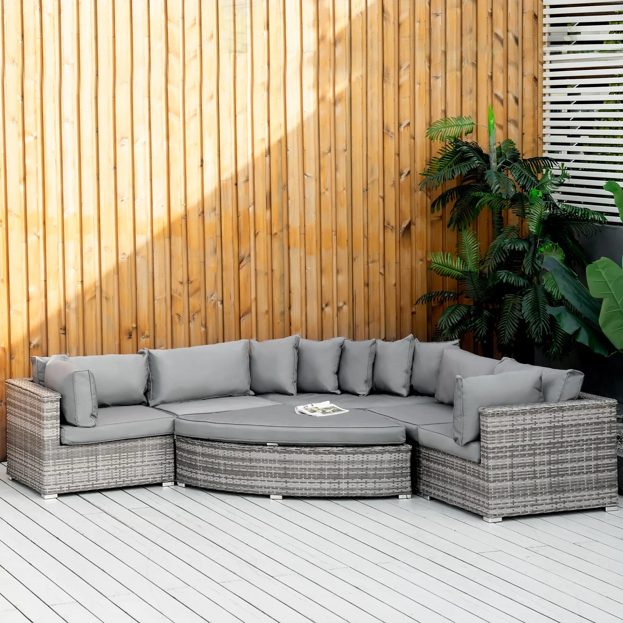 6 Pieces Outdoor PE Rattan Wicker Sofa Set with 10cm Thick Padded Cushionsand Half Round Patio Conversation Furniture Set with Angled Corner Designand Ottomansand and Back Pillows, Grey
