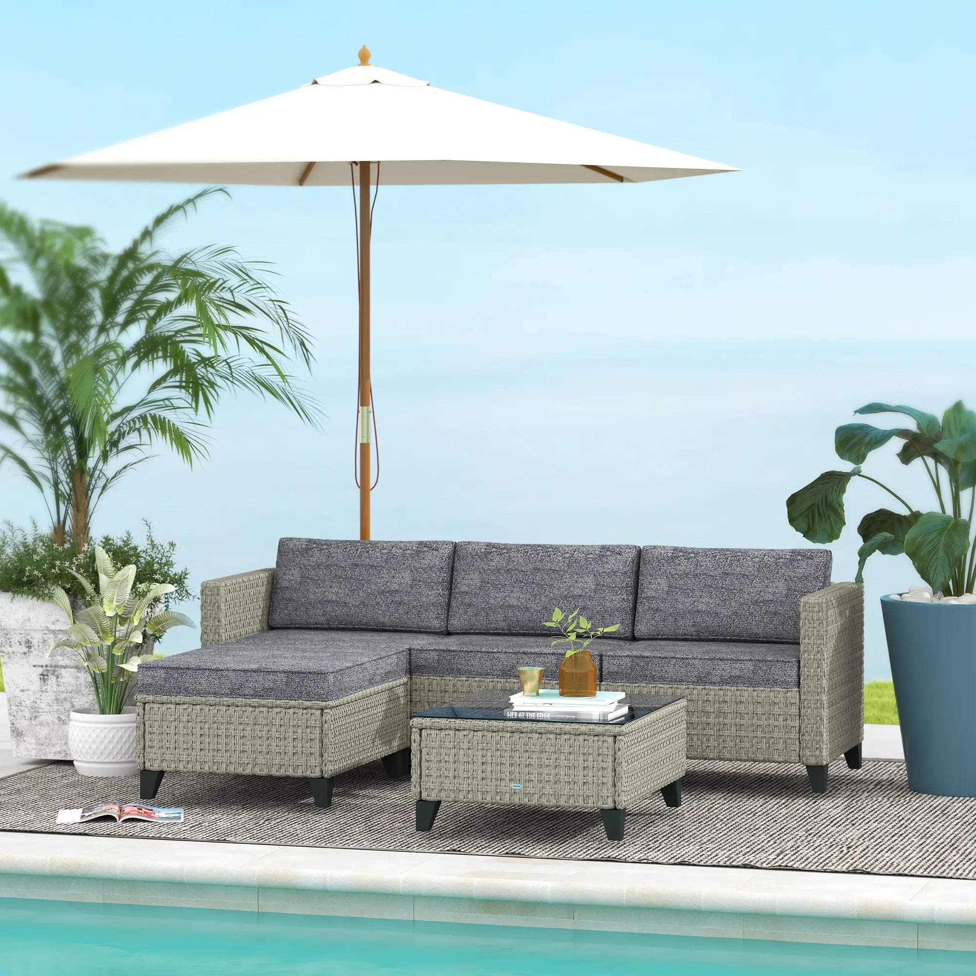 5-Piece Rattan Patio Furniture Set with Corner Sofa, Footstools, Coffee Table, for Poolside, Dark Grey