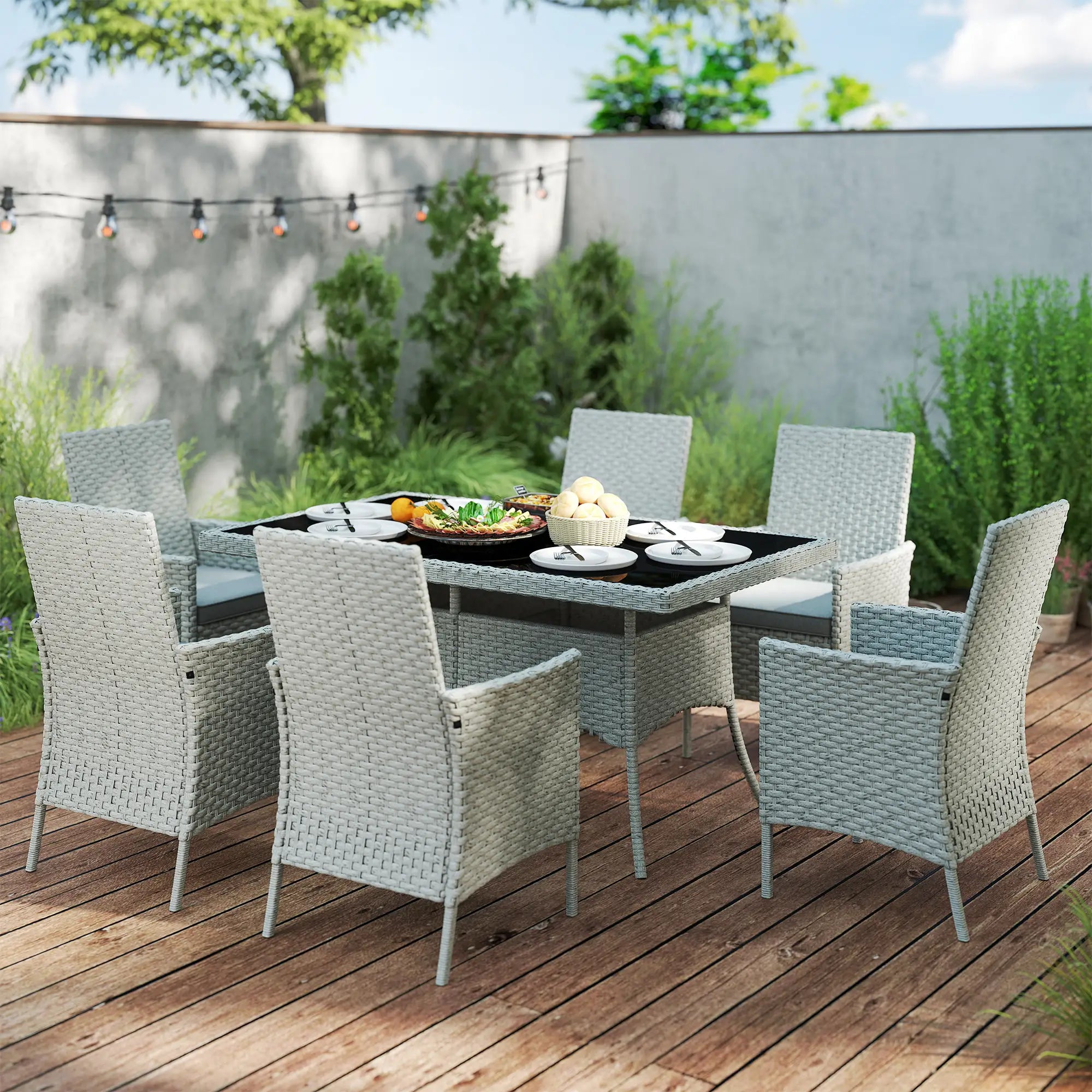 Seven-Piece Rattan Dining Set - Grey