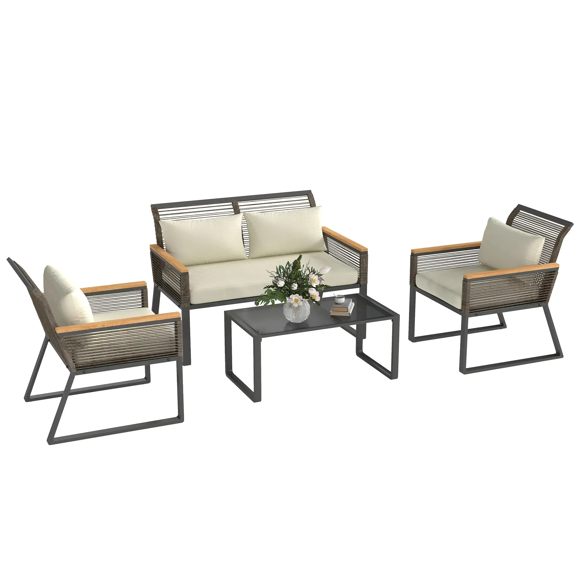 Four Piece Wicker Rope Garden Furniture Set with Glass Top Coffee Table - Grey