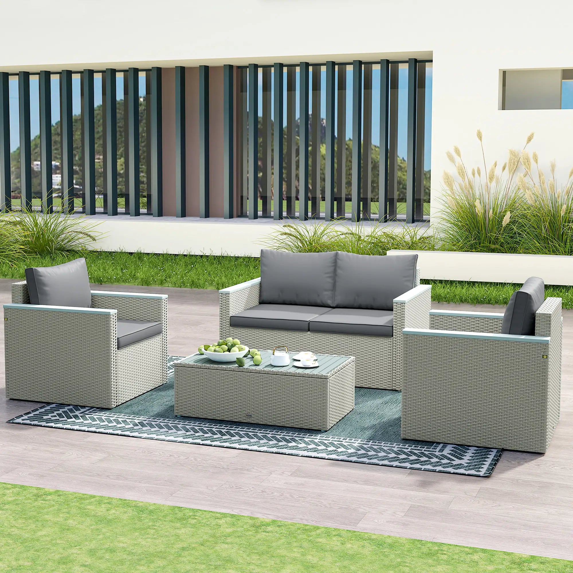 4 Piece Rattan Garden Furniture Set, 4 Seater Wicker Outdoor Sofa Set with 2 Armchairs, Loveseat, Acacia Wood Top Coffee Table, Cushions, Patio Conservatory Set for Balcony, Light Grey