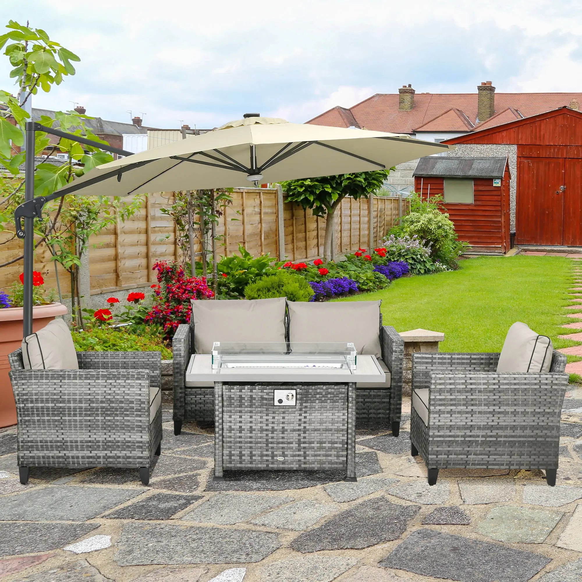 5-Piece Rattan Patio Furniture Set with Gas Fire Pit Table, Loveseat Sofa, Armchairs, Cushions, Pillows, Grey
