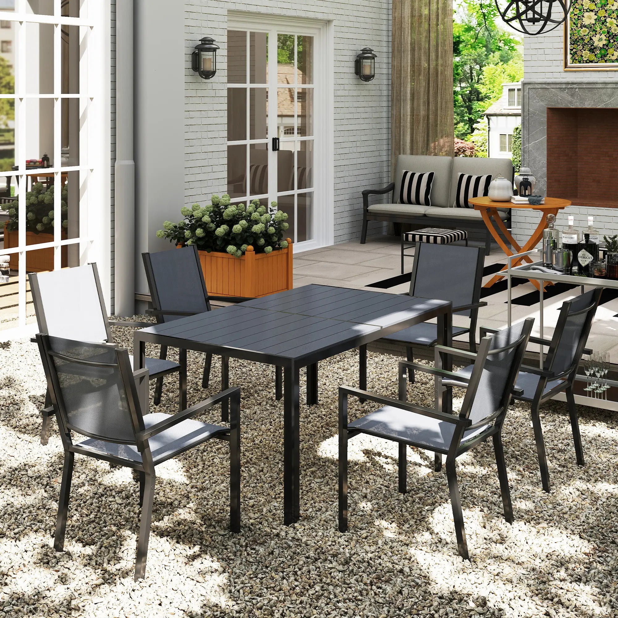 7 Piece Garden Dining Set, Outdoor Furniture Set with 6 Stackable Chairs and 150 cm Rectangle Table, WPC Slatted Top, Rust-Resistant Steel Frame, for Garden, Porch, Terrace
