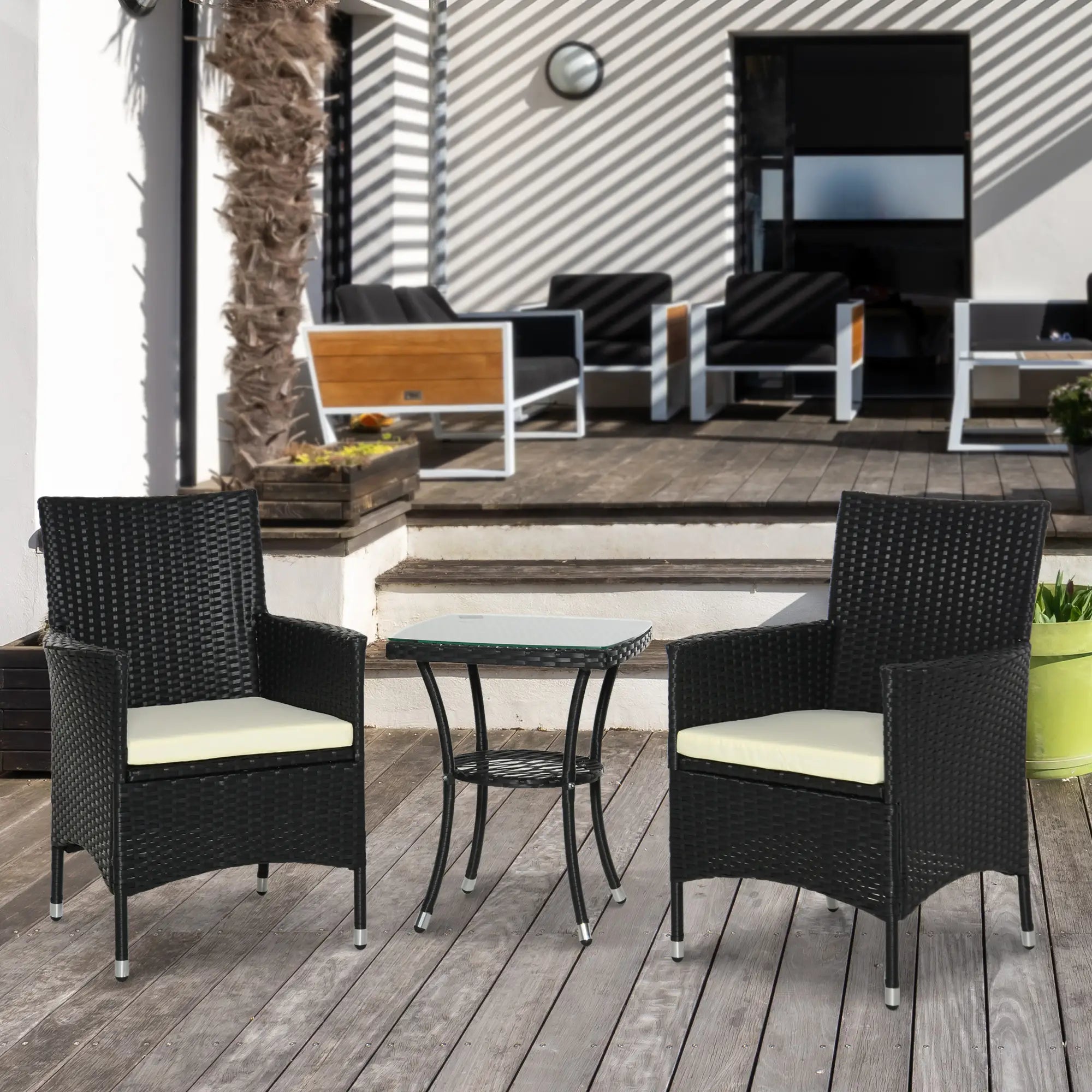 3 Pieces Rattan Bistro Set, Wicker Garden Furniture Set with 2-Tier Coffee Table and Chairs, Cushions, for Outdoor Patio Balcony, Black