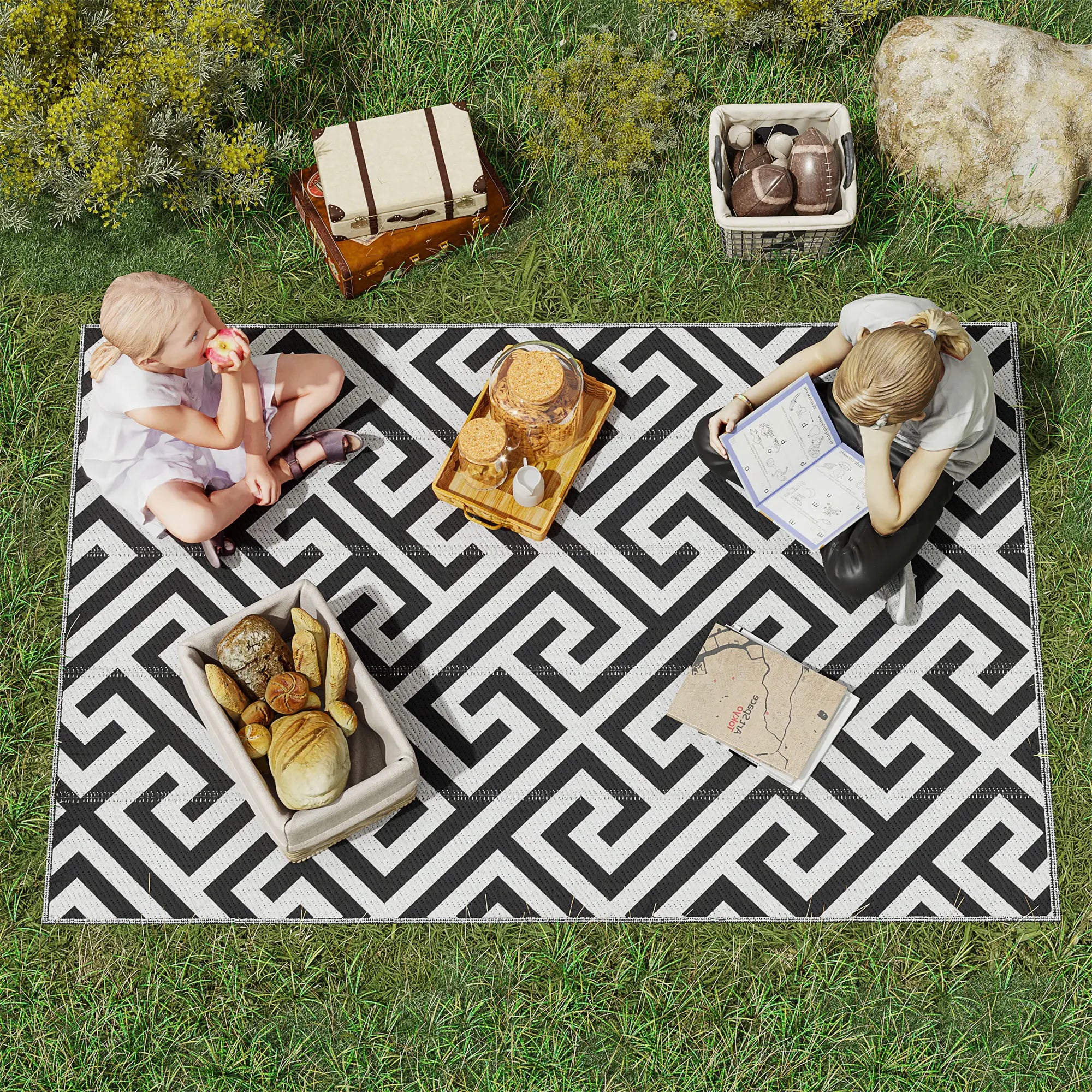 Outdoor Rug Reversible Mat Plastic Straw Rug Portable RV Camping Mat for Garden Deck Picnic Indoor, 121 x 182 cm (4 x 6 ft), Black & White