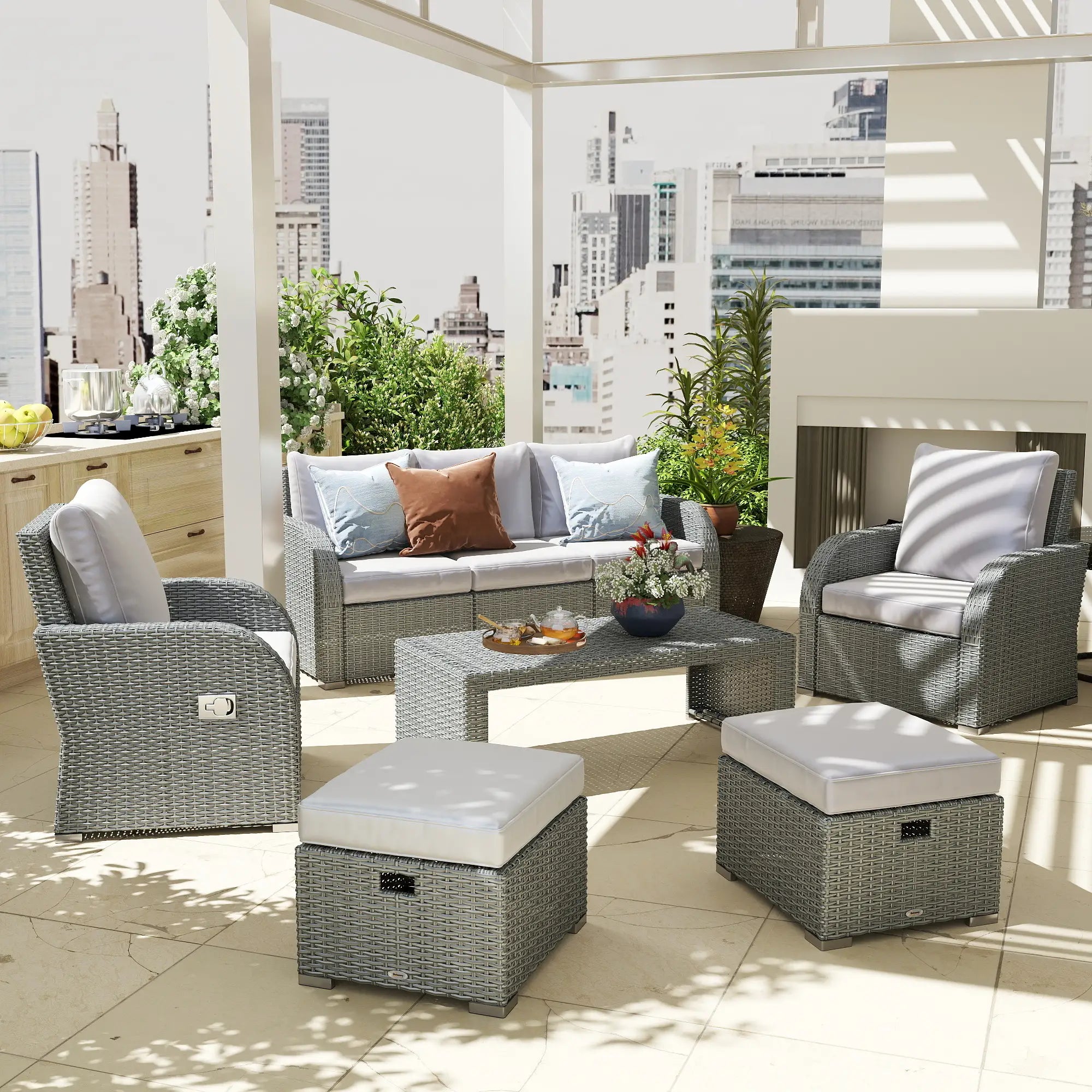 Six-piece Outdoor Rattan Dining Set, Outdoor Sofa Set with Reclining Armchairs and Mental Frame, Grey
