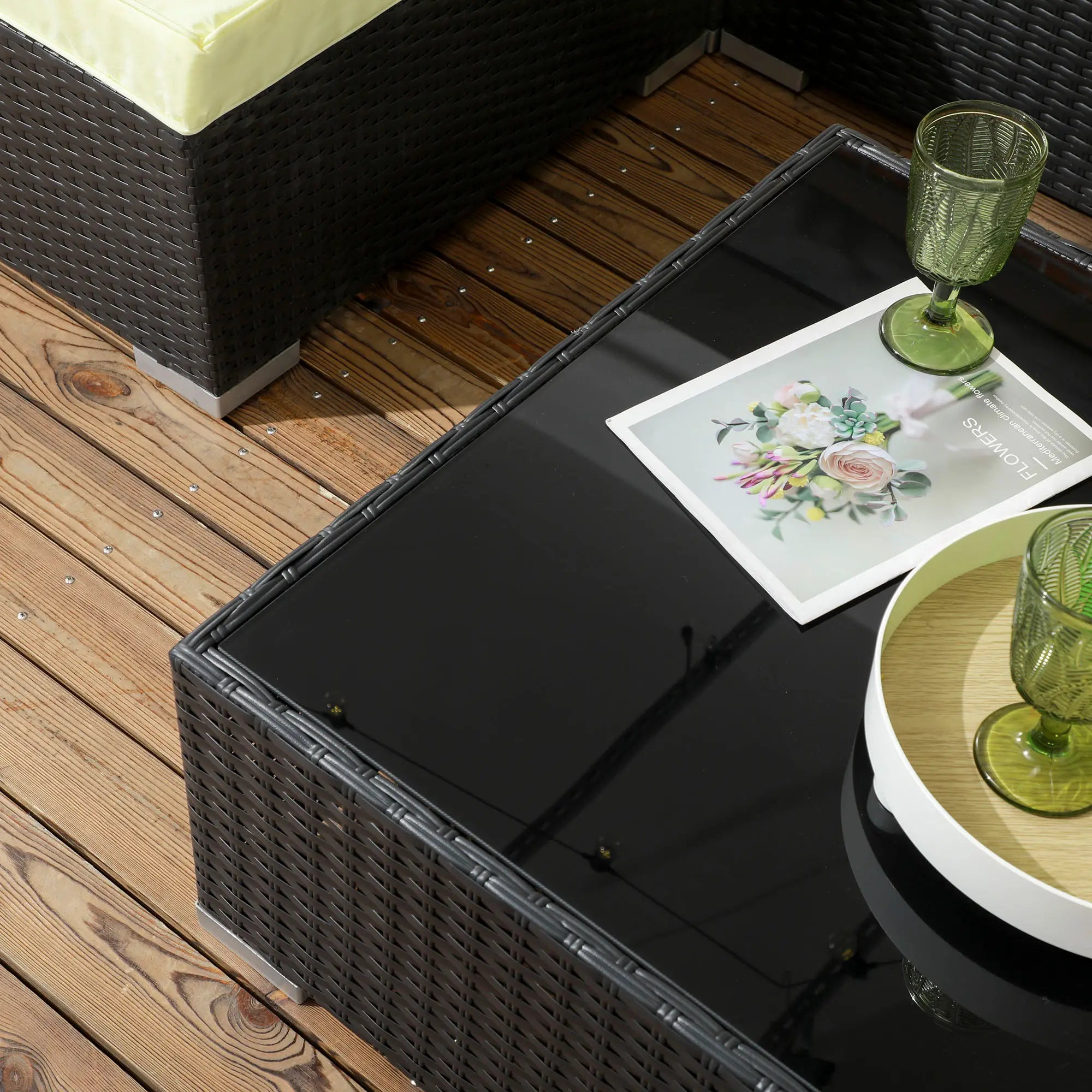 Seven-Piece Rattan Garden Set, with Glass-Top Table - Black/Beige