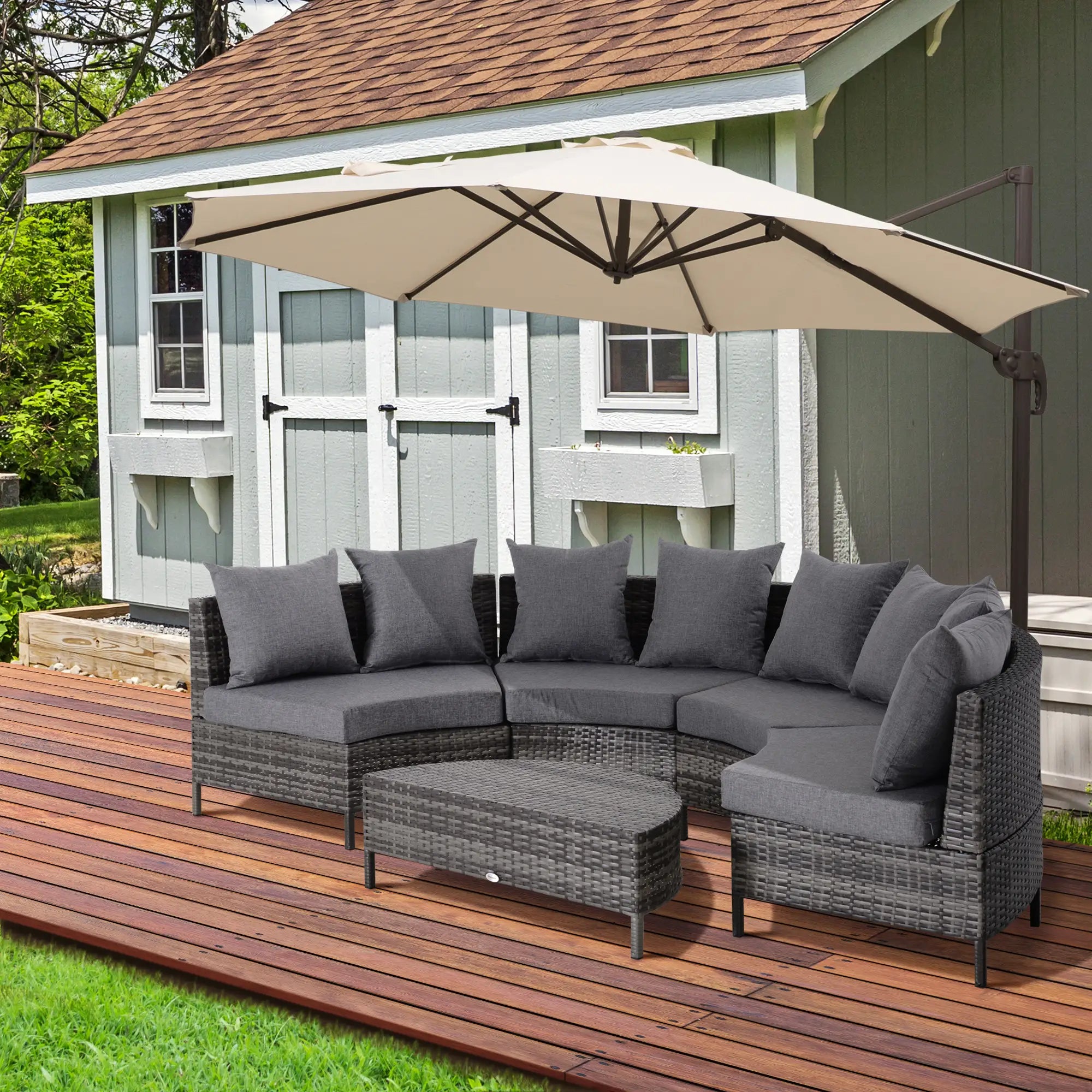 5 Pieces Rattan Garden Furniture Set, 4 Seater Half-Round Garden Sofa Set with Thickened Cushions, Wicker Conservatory Furniture with 4 Chairs, Rattan Coffee Table and Pillows, Grey
