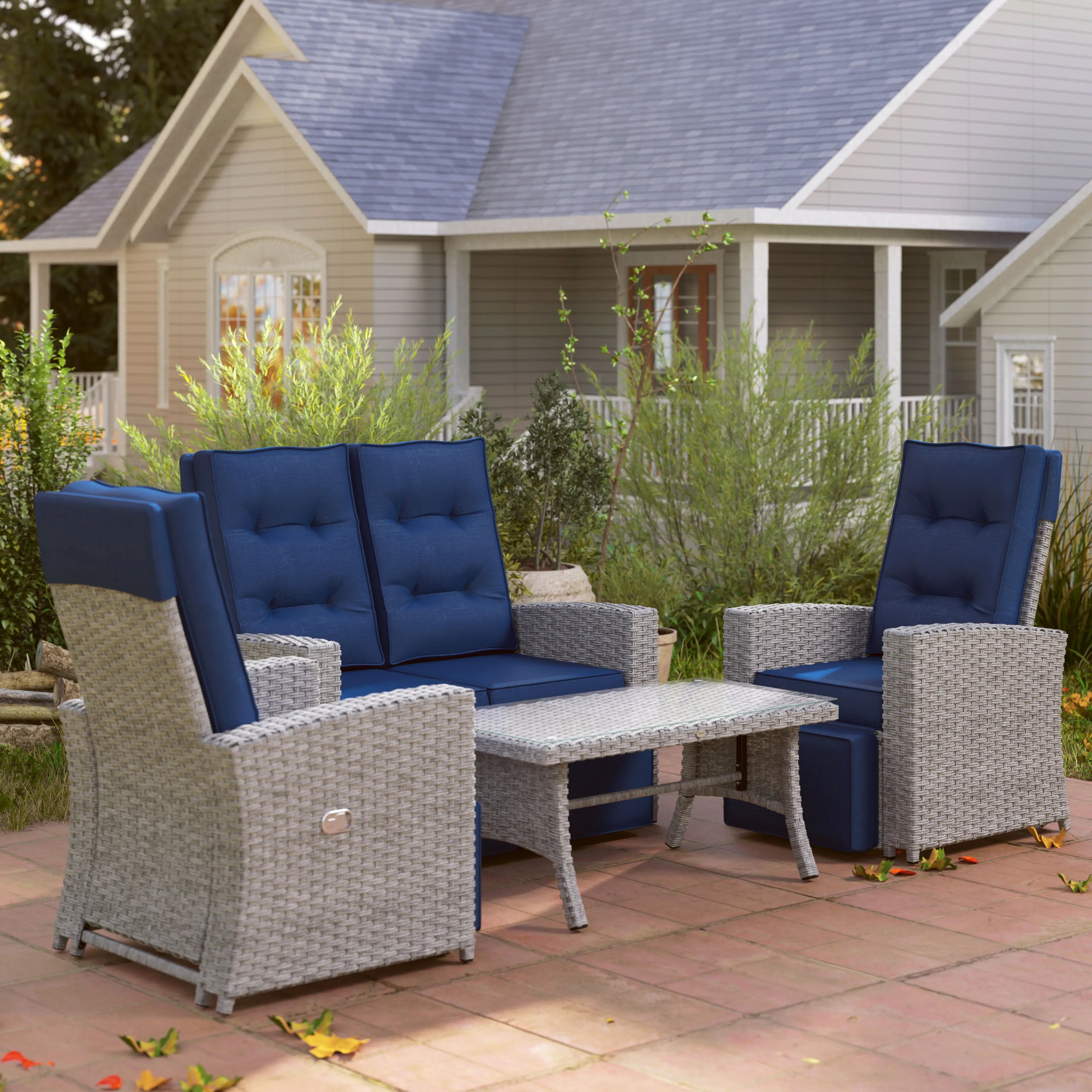 4 Piece Rattan Garden Furniture Set Outdoor Sofa Sectional Set with Glass Top Table for Poolside, Navy Blue