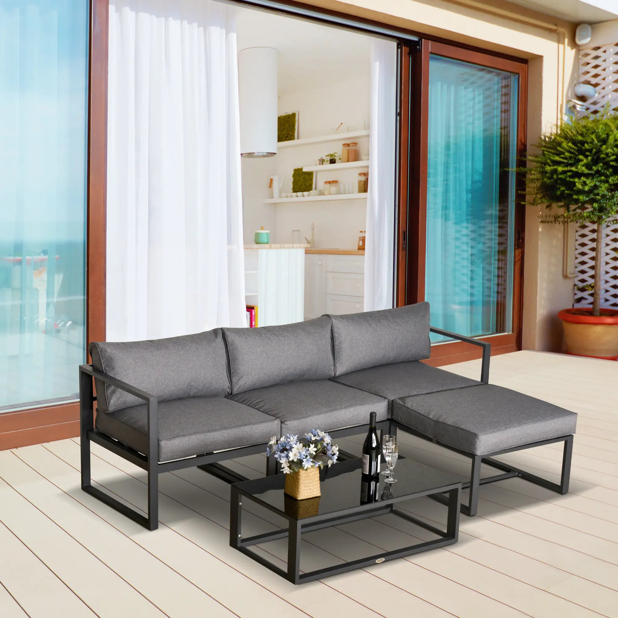 5 Pieces Outdoor Patio Furniture Set, Sofa Couch with Glass Coffee Table, Cushioned Chairs and Aluminum Tube, for Balcony Garden Backyard, Grey