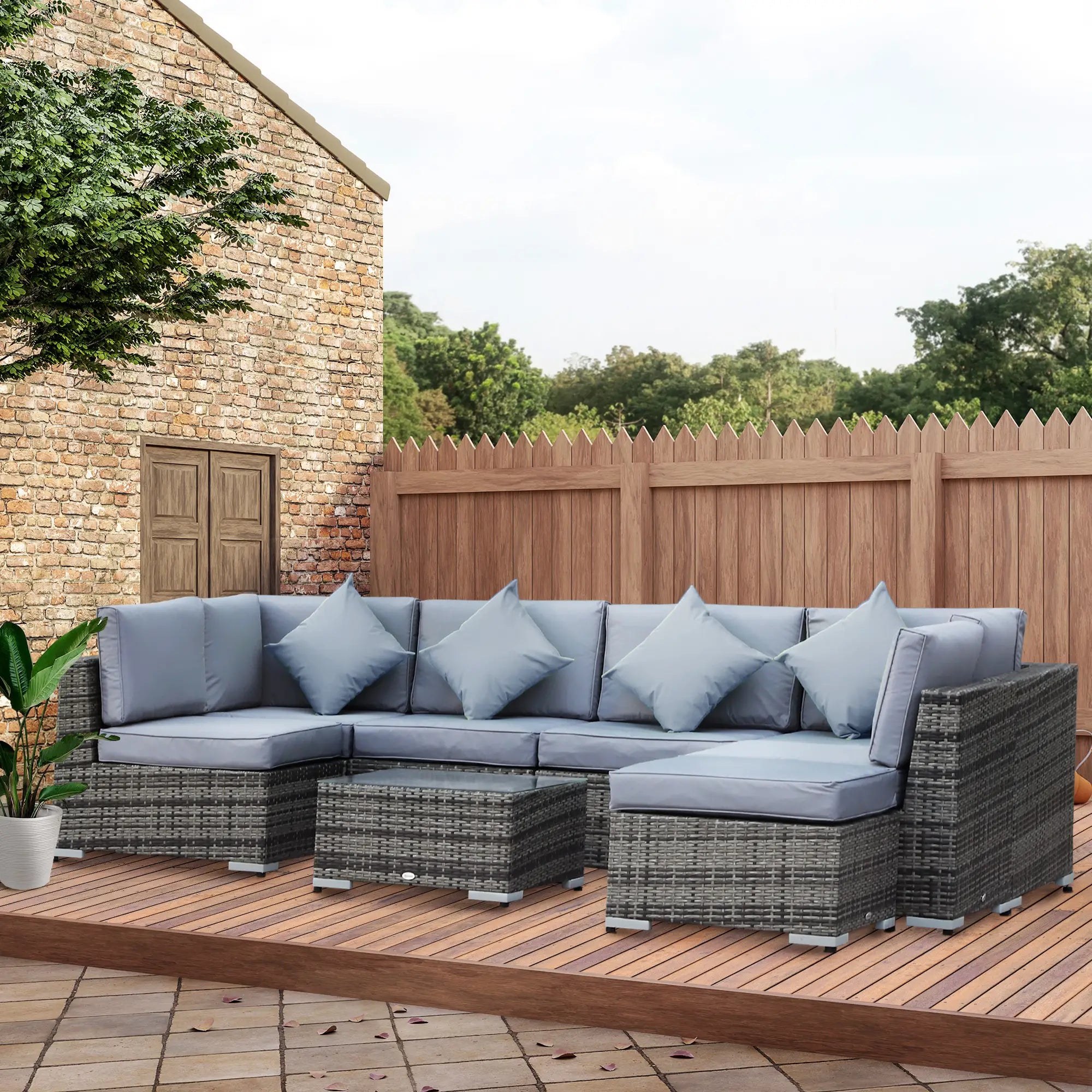 8 Pieces PE Rattan Corner Sofa Set with Thick Cushions, Aluminium Outdoor Rattan Garden Furniture Set with Glass Top Table, No Assembly Required, Grey