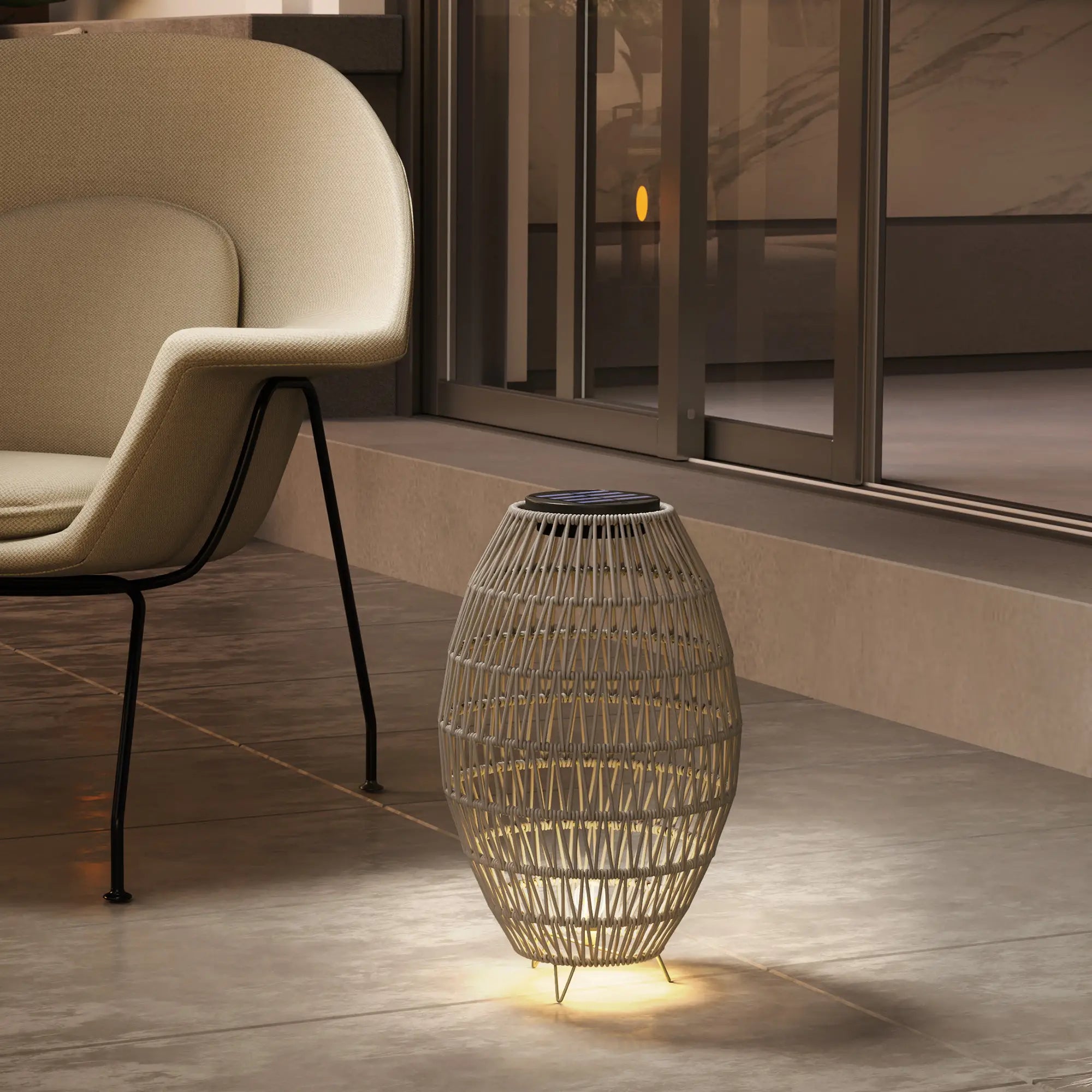 Rattan Solar Lamp, Garden Solar Lantern with Auto On/Off Light, IP44 Waterproof, Decorative Outdoor Rattan Lamp for Porch, Pathway, Grey