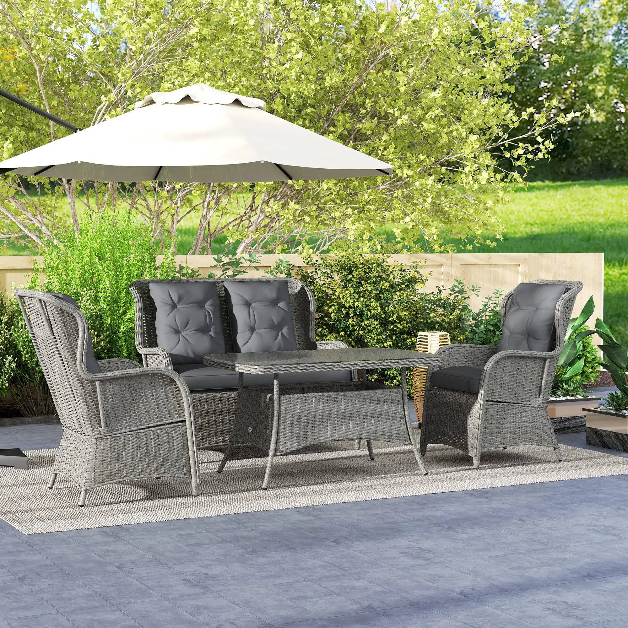 Garden PE Rattan Dining Sofa Set, Outdoor 4 Seater Wicker Furniture, High Back Chairs with Cushions, Tempered Glass Coffee Table for Patio, Light Grey