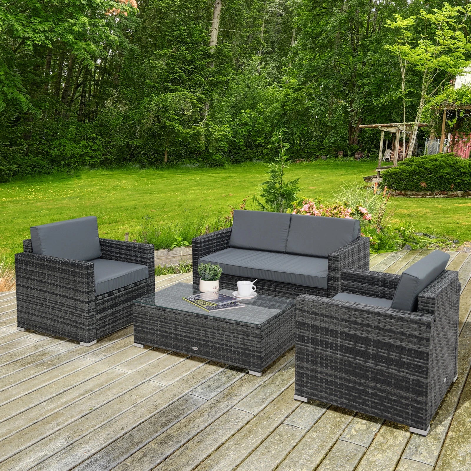 4 Pieces Wicker Steel Rattan Sofa Set Garden Chair Seat Furniture Patio Grey