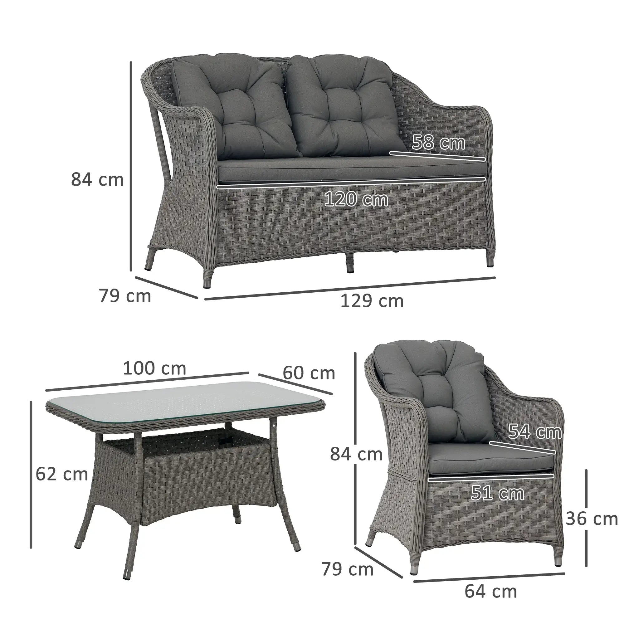 Four-Piece Rattan Set, with Glass-Top Table - Light Grey