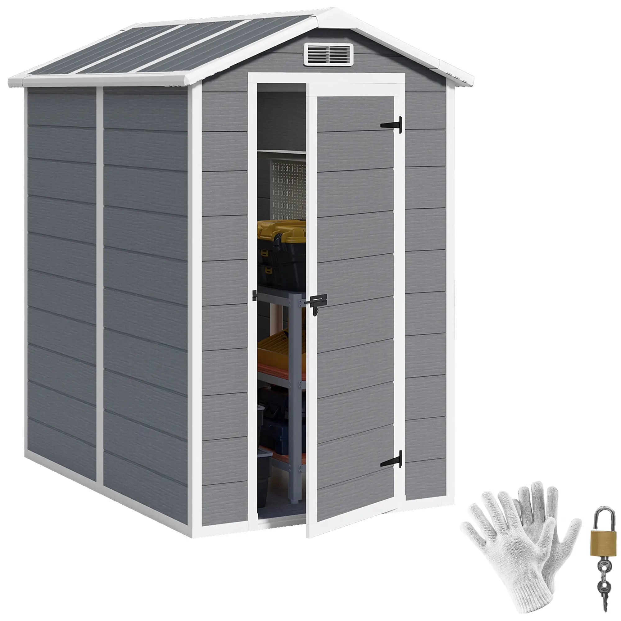 4 x 6ft Garden Shed, Plastic Shed with Floor, Window, Lockable Door and Vents, Resin Tool Shed for Outdoor Patio Storage, Zero Maintenance, Grey