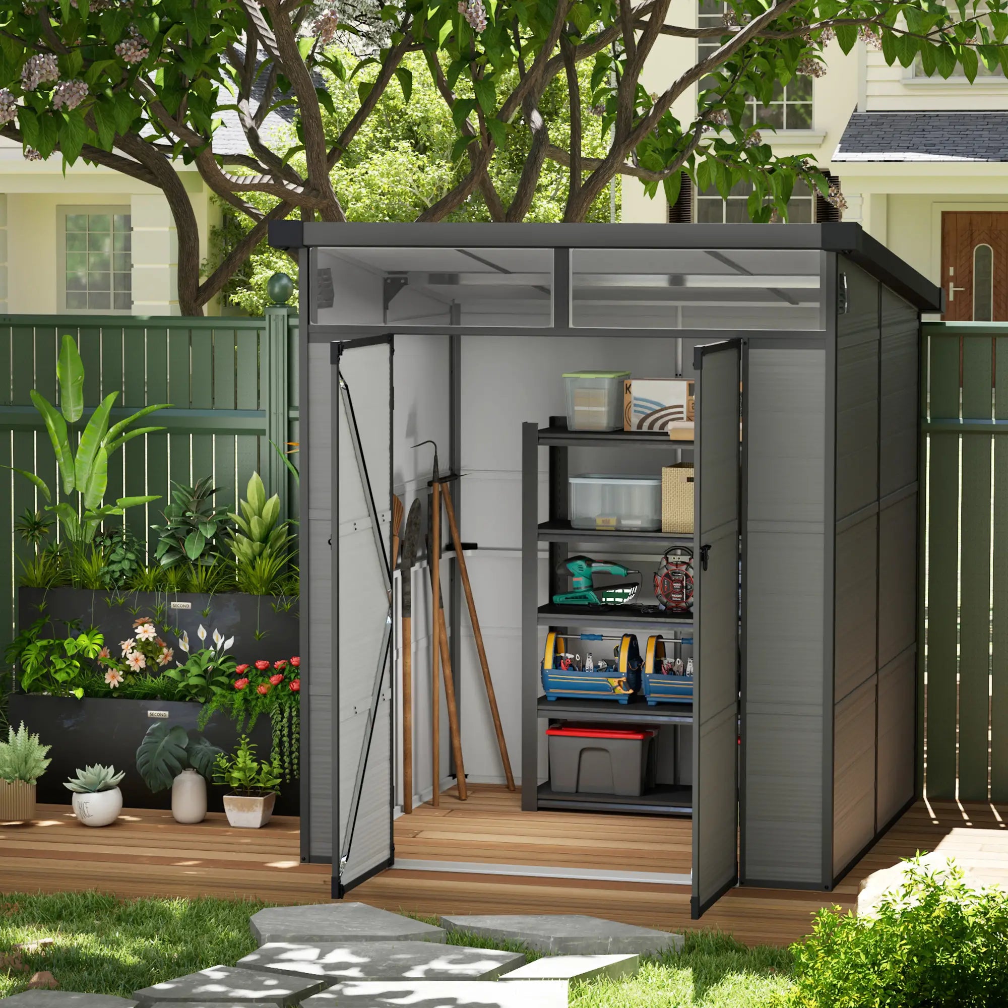 6 x 6ft Outdoor Storage Shed, Plastic Garden Shed with Windows and Air Vents, Outdoor Resin Tool Shed with Latch Doors for Garden, Deck, Light Grey