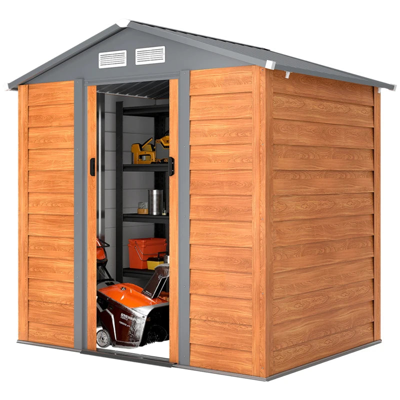 6.5 x 5ft Metal Garden Shed, House Hut Gardening Tool Storage with Ventilations, Sliding Door, Sloped Roof for Garden, Patio, Brown