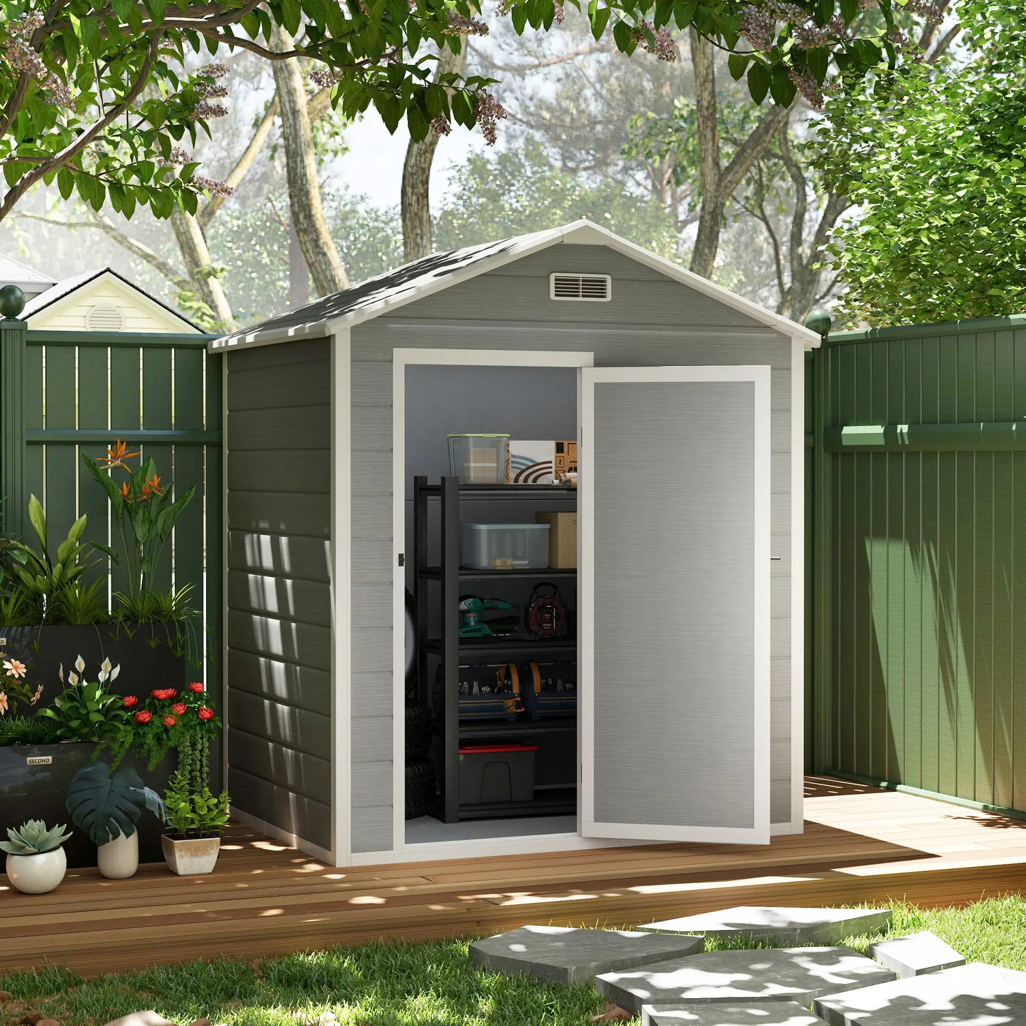 6 x 4ft Garden Shed, Plastic Shed with Floor, Window, Lockable Door and Vents, Wood Effect Resin Tool Shed for Outdoor, Grey