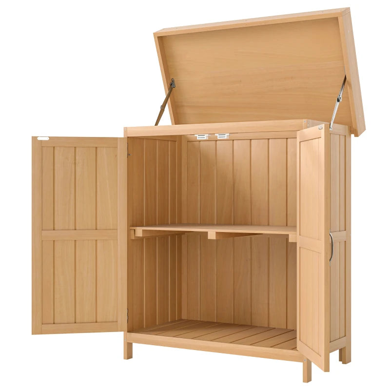 Small Shed, Wooden Garden Shed with Openable Hinged Roof and Removable Shelf, Outdoor Tool Storage Cabinet Chest with Double Doors, 74 x 43 x 88 cm, Natural Wood Finish