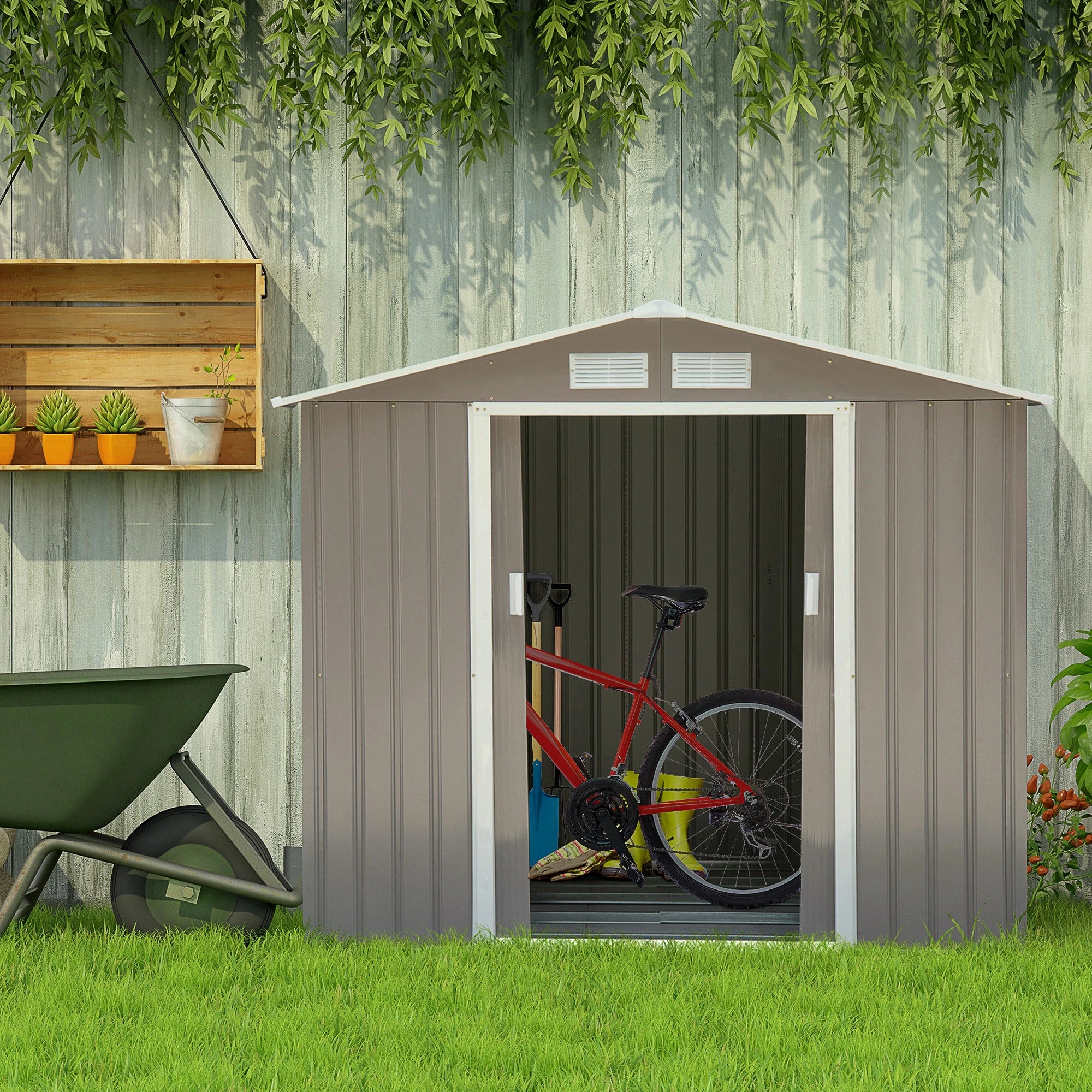 7ft x 4ft Lockable Garden Metal Storage Shed Storage Roofed Tool Metal Shed w/ Air Vents Steel Grey
