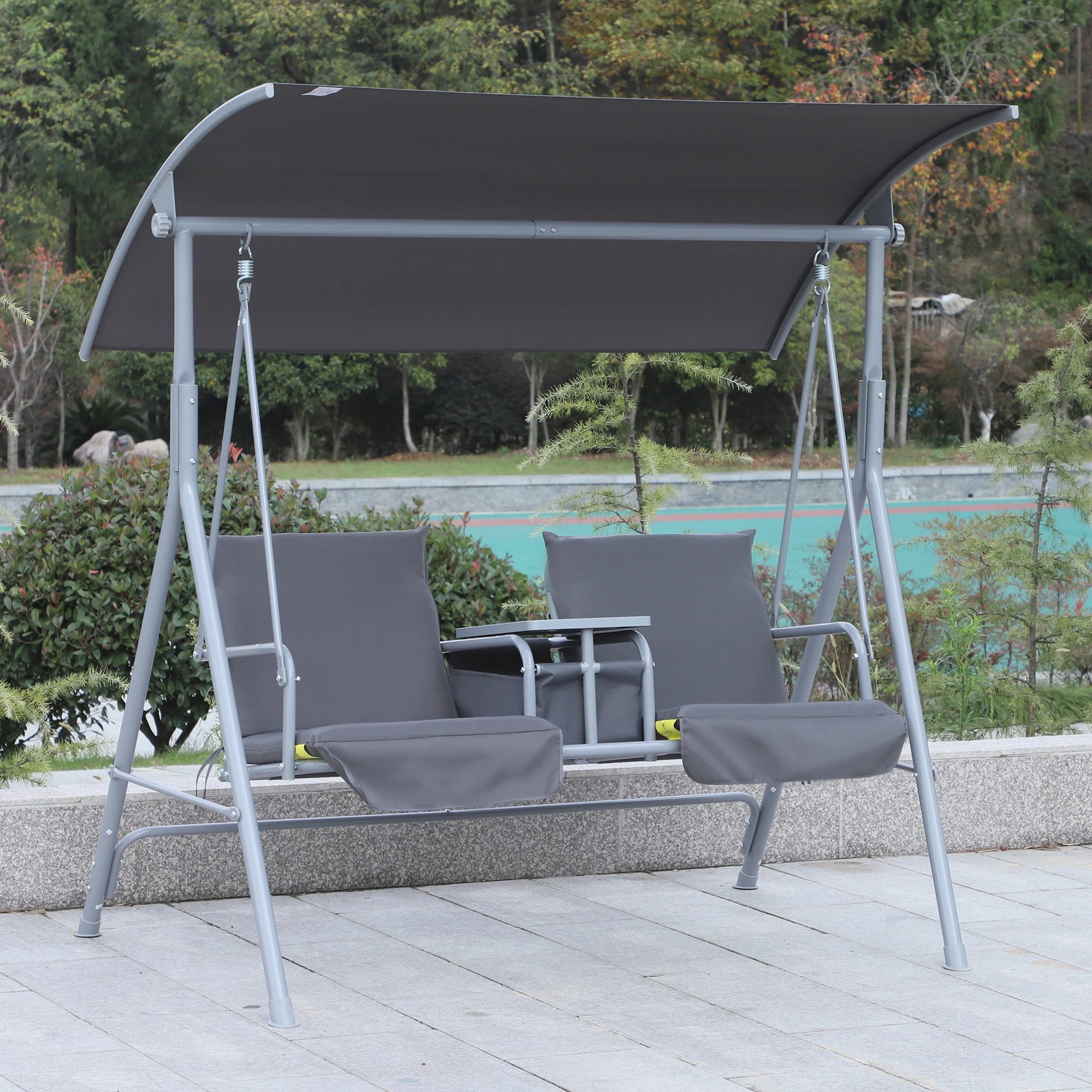 Steel Frame 2-Seater Swing Chair w/ Table Grey