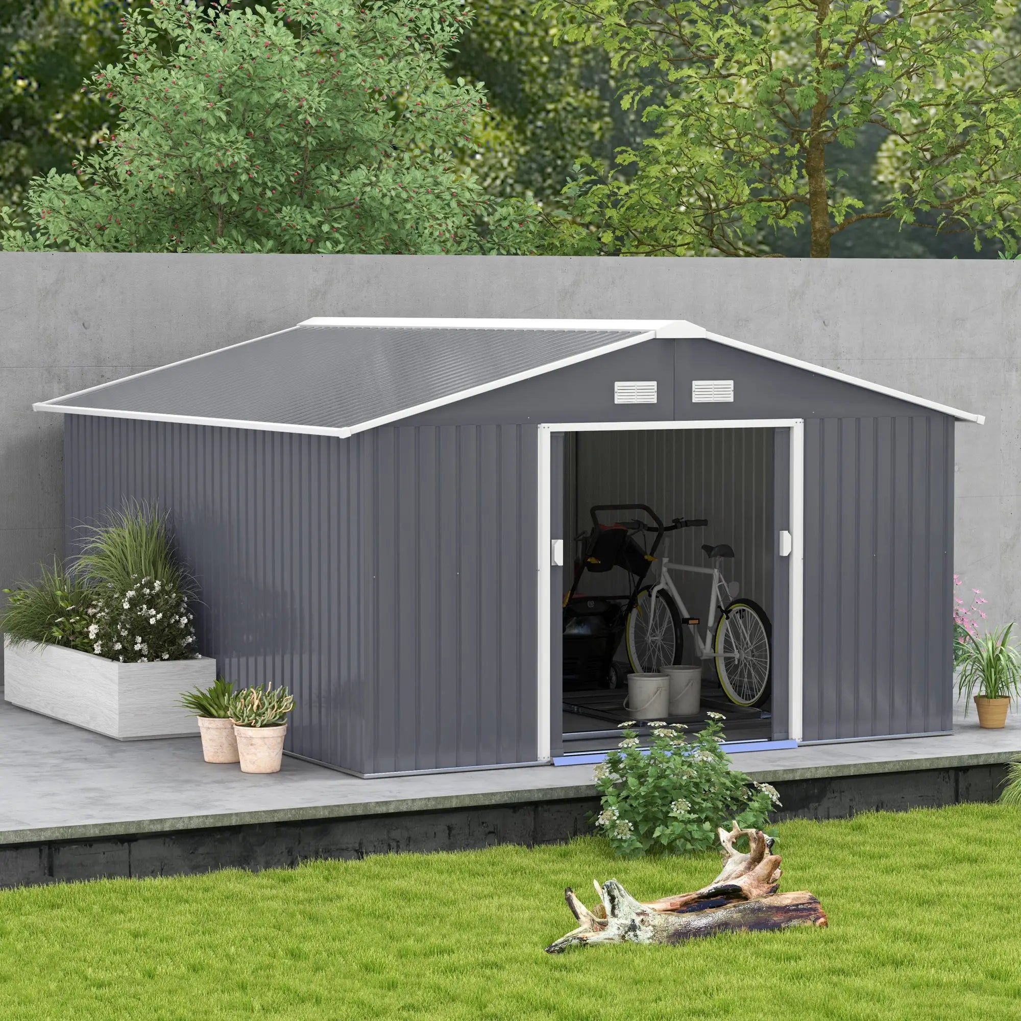 13 x 11ft Metal Garden Shed, Outdoor Storage Tool House with Ventilation Slots, Foundation Kit and Lockable Double Doors, Grey