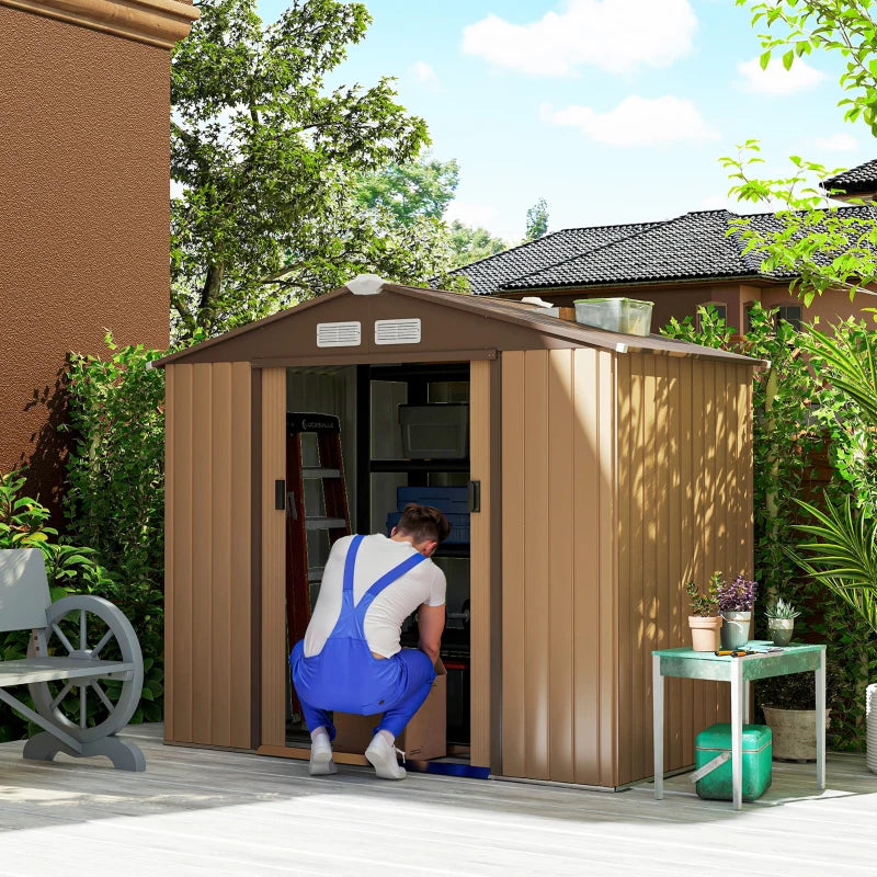 7 x 4ft Lockable Metal Garden Tool Storage Shed, Outdoor Storage Shed with Foundation and vents, Light Brown