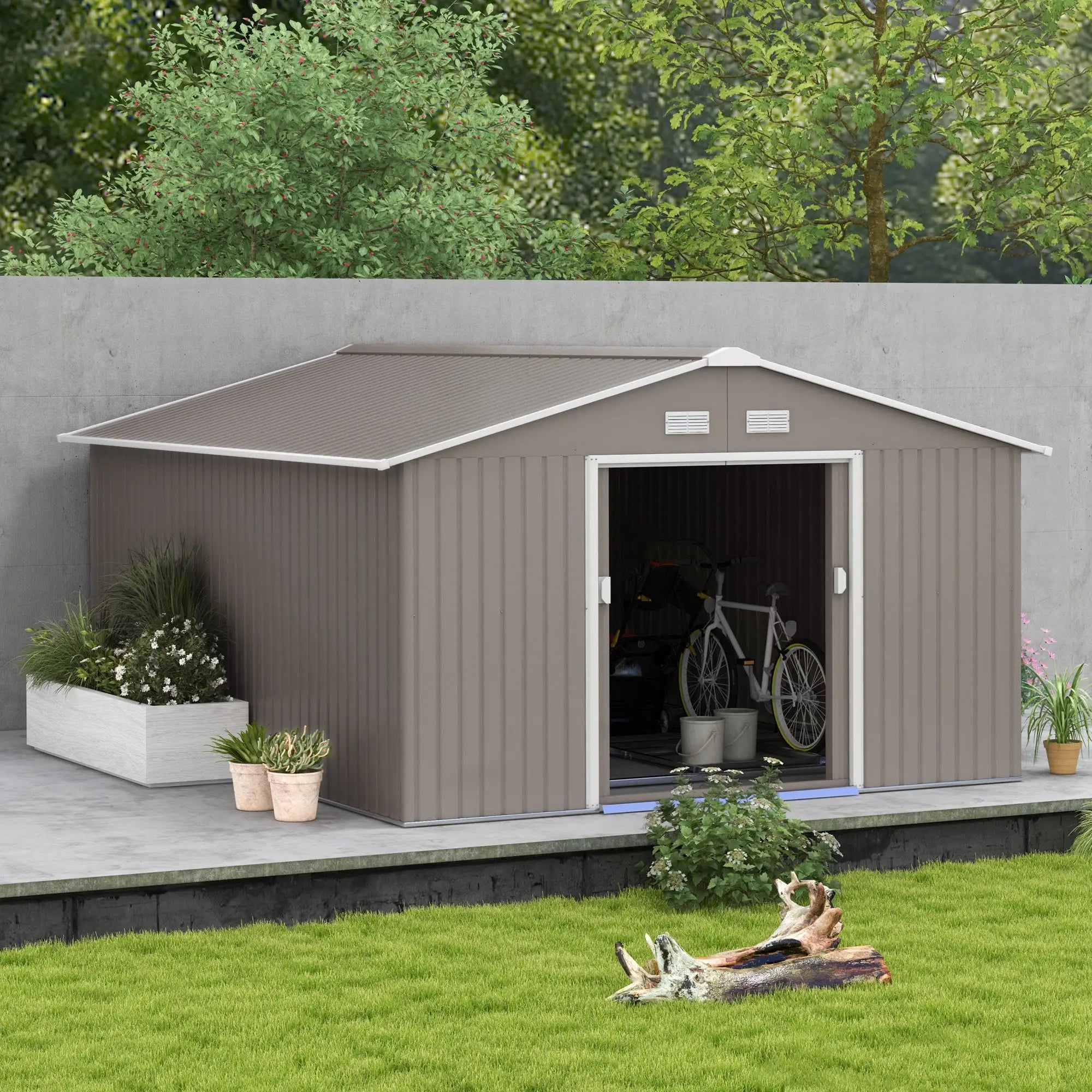 13 x 11ft Large Garden Shed, Mental Garden Storage Shed with Foundation Kit Ventilation & Doors, Light Grey